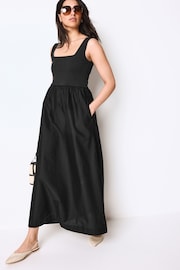 Black 100% Cotton Square Neck Maxi Summer Jersey Dress - Image 1 of 6