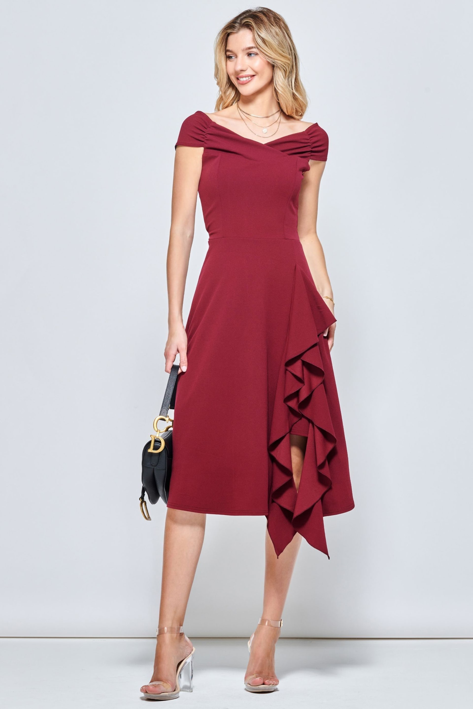 Jolie Moi Red Desiree Frill Fit & Flare Dress - Image 5 of 6