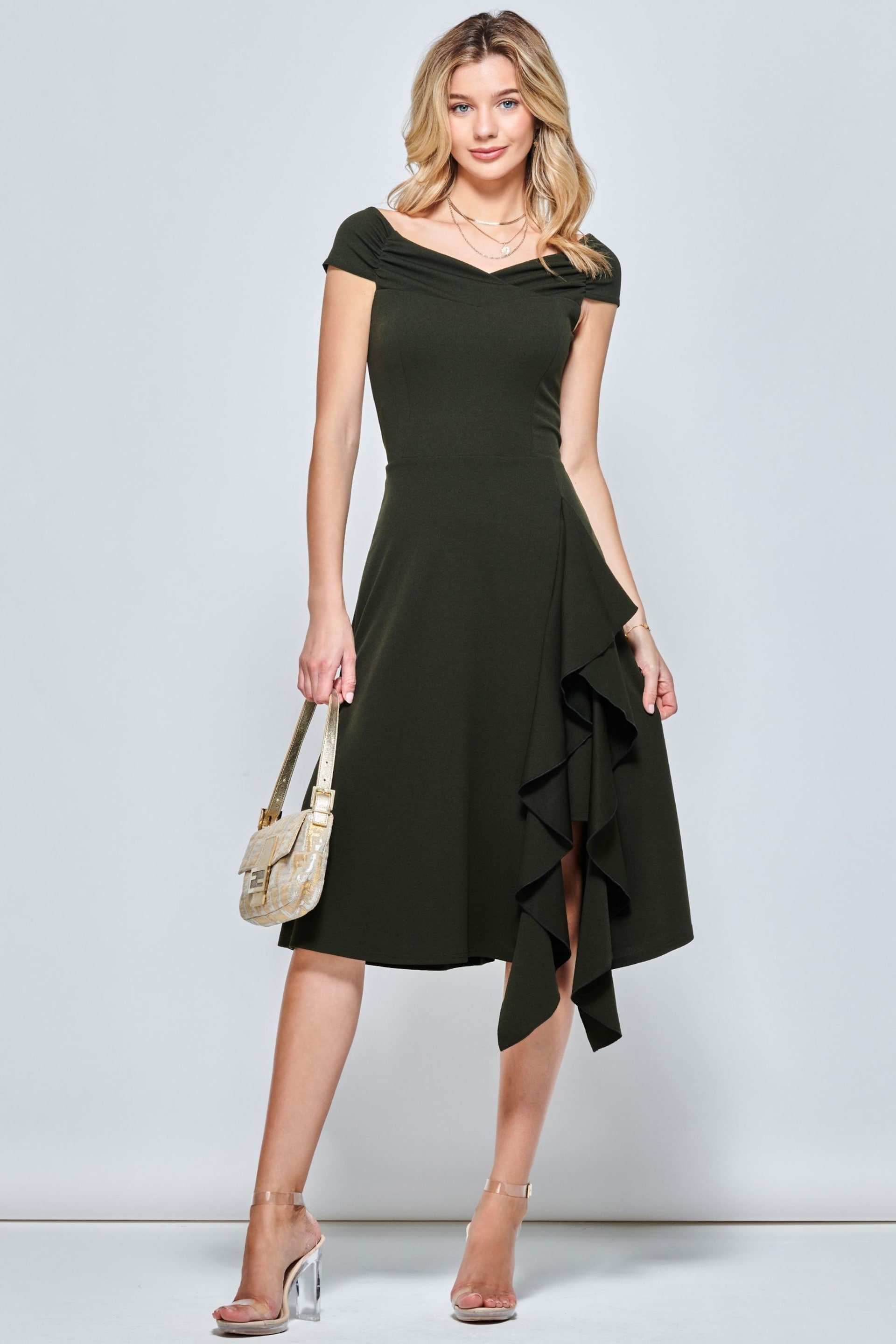 Jolie Moi Khaki Green Desiree Frill Fit & Flare Dress - Image 3 of 5
