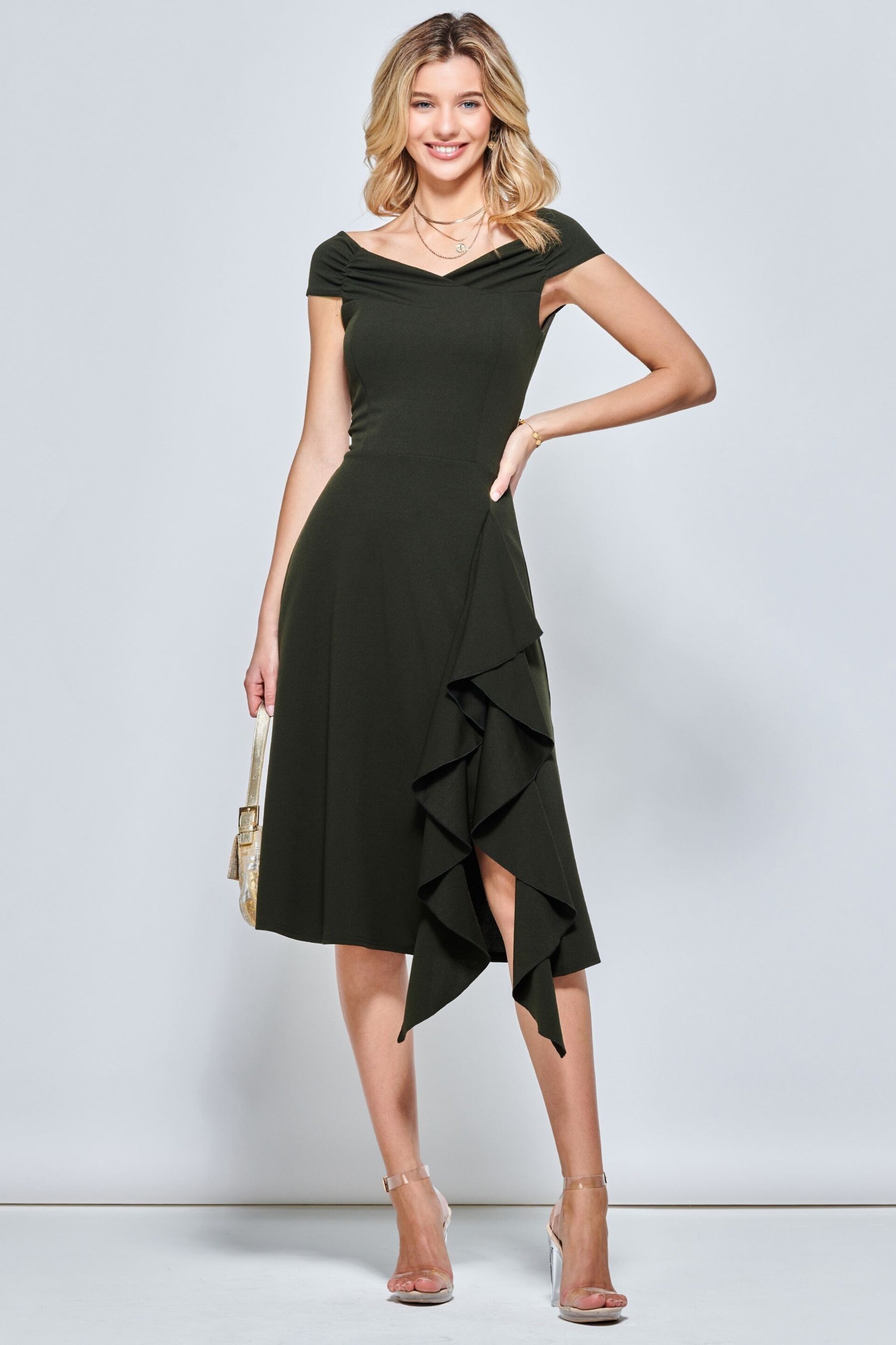 Jolie Moi Khaki Green Desiree Frill Fit & Flare Dress - Image 4 of 5