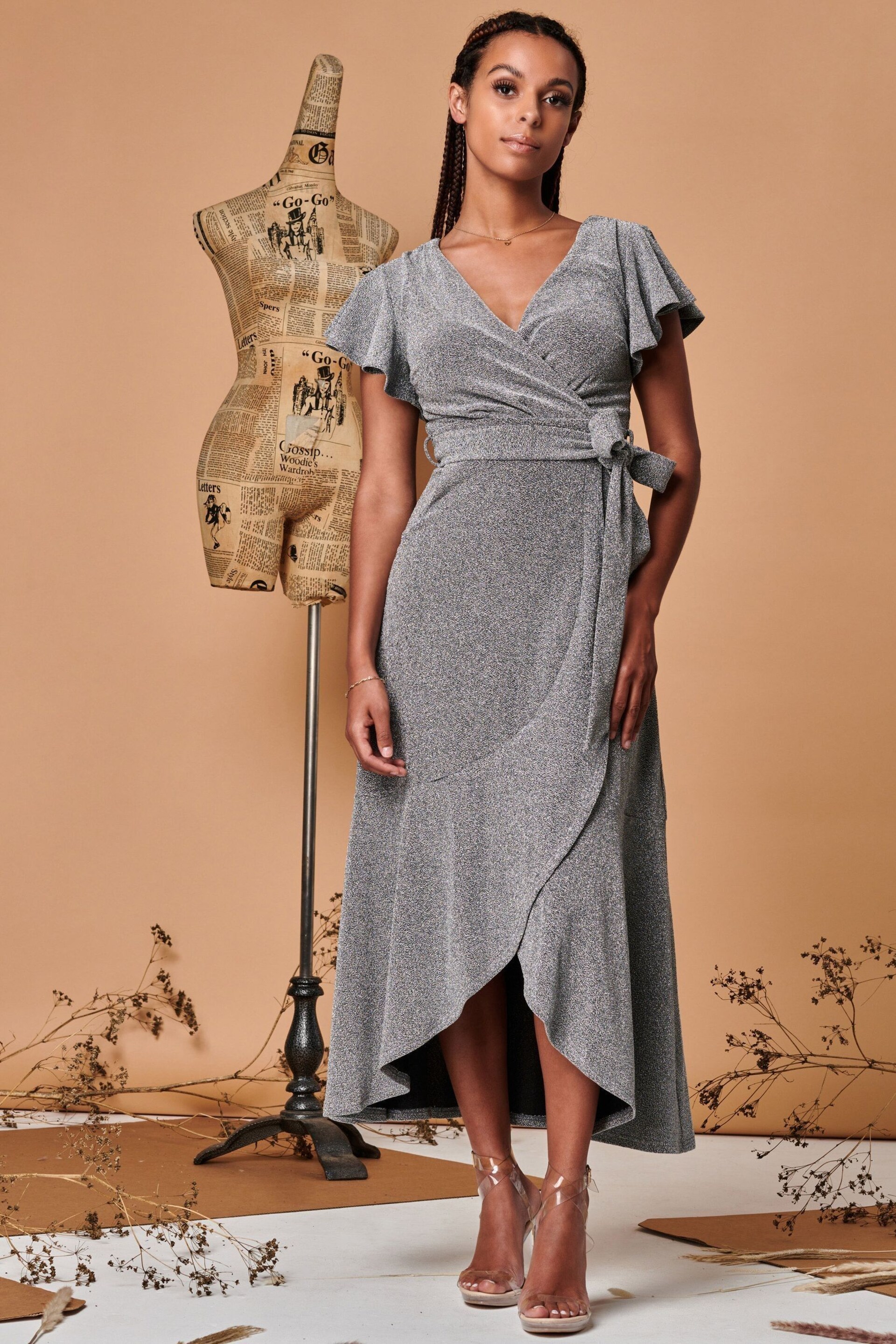 Jolie Moi Silver Metallic Effect Ruffle Hem Maxi Dress - Image 1 of 5