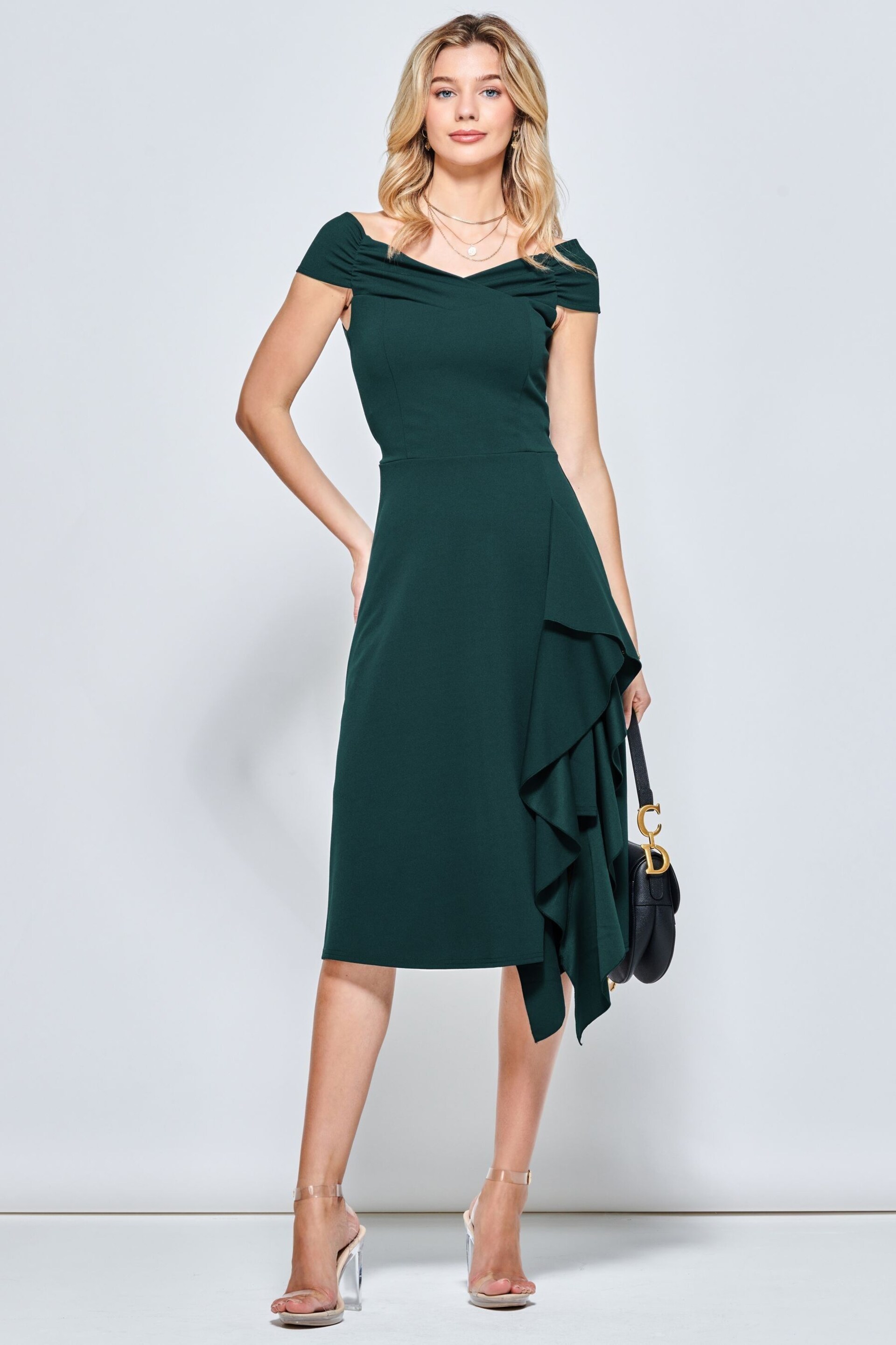 Jolie Moi Green Desiree Frill Fit & Flare Dress - Image 4 of 5