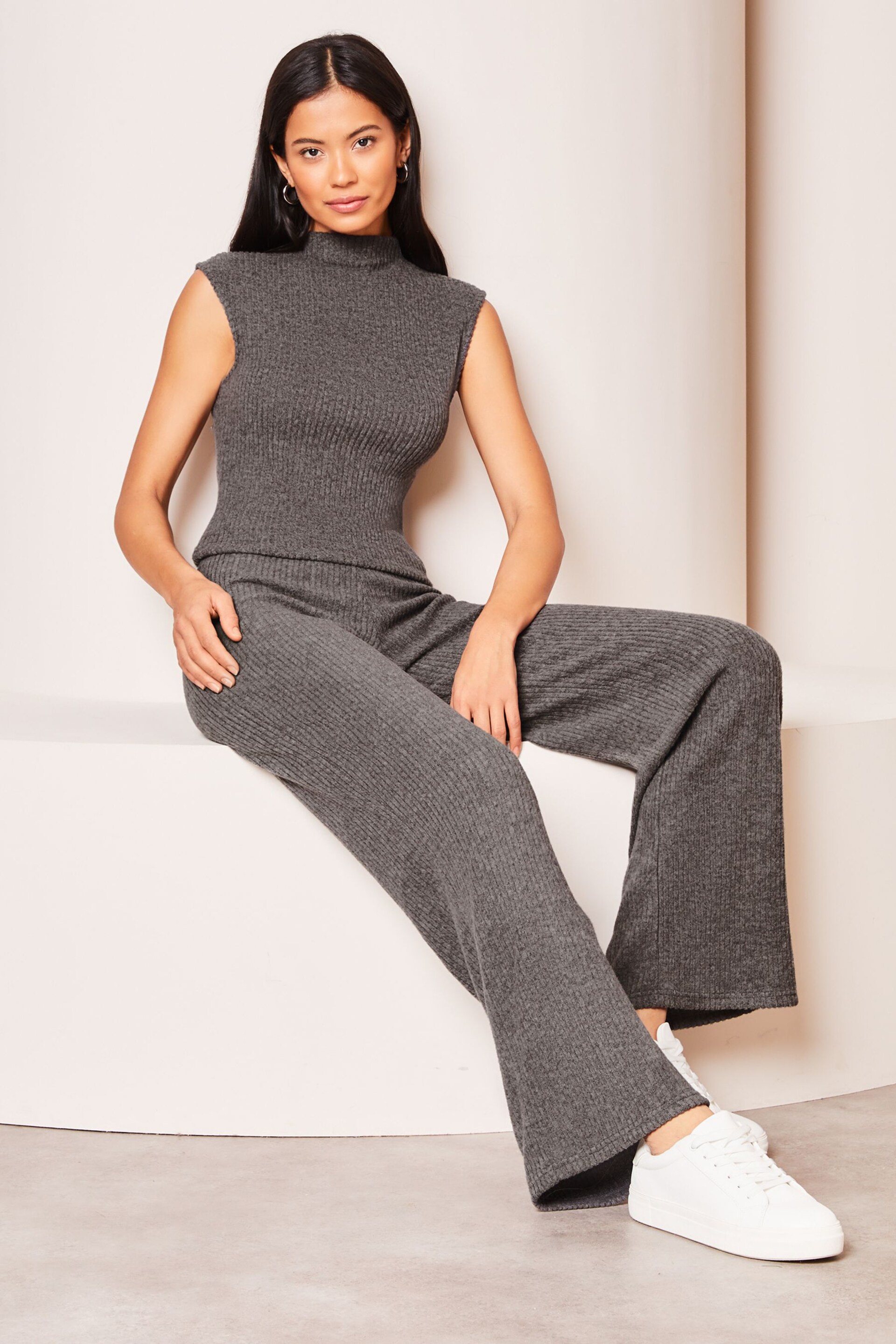 Lipsy Grey Cosy Wide Leg Trousers - Image 4 of 4