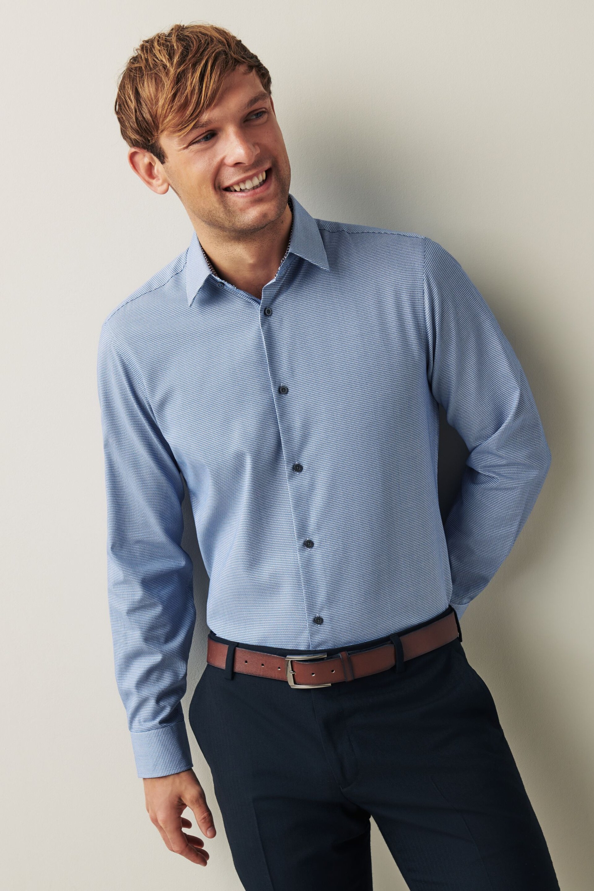 Blue Regular Fit Trimmed Easy Care Single Cuff Shirt - Image 1 of 8