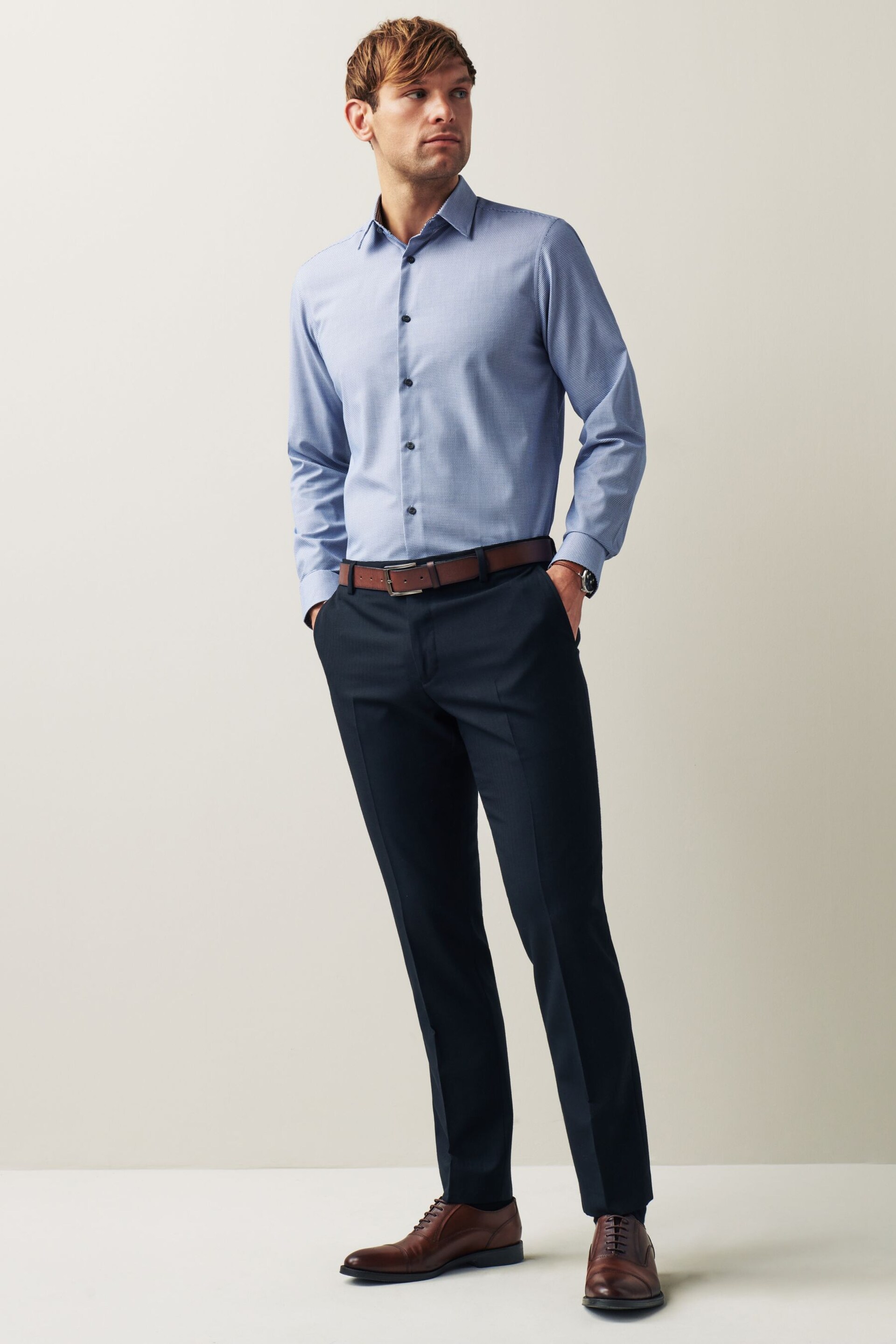 Blue Regular Fit Trimmed Easy Care Single Cuff Shirt - Image 2 of 8