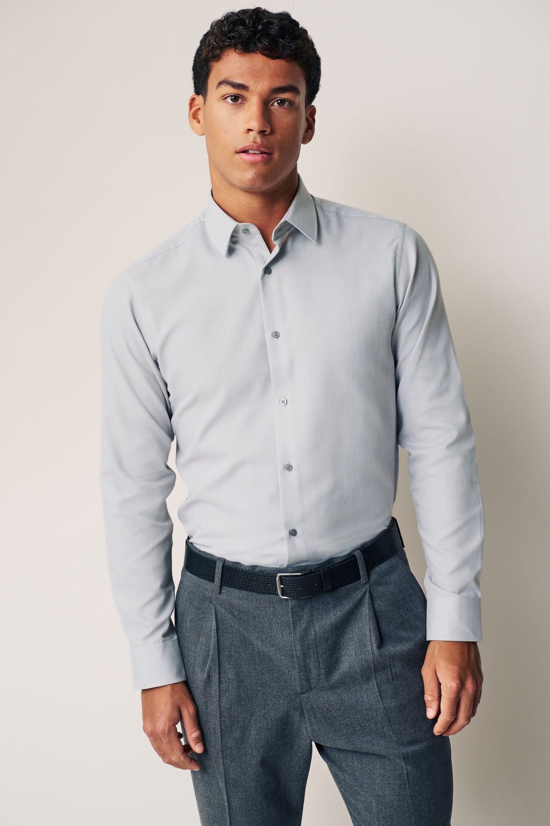 Light Grey Slim Fit Single Cuff Easy Care Textured Shirt - Image 1 of 7