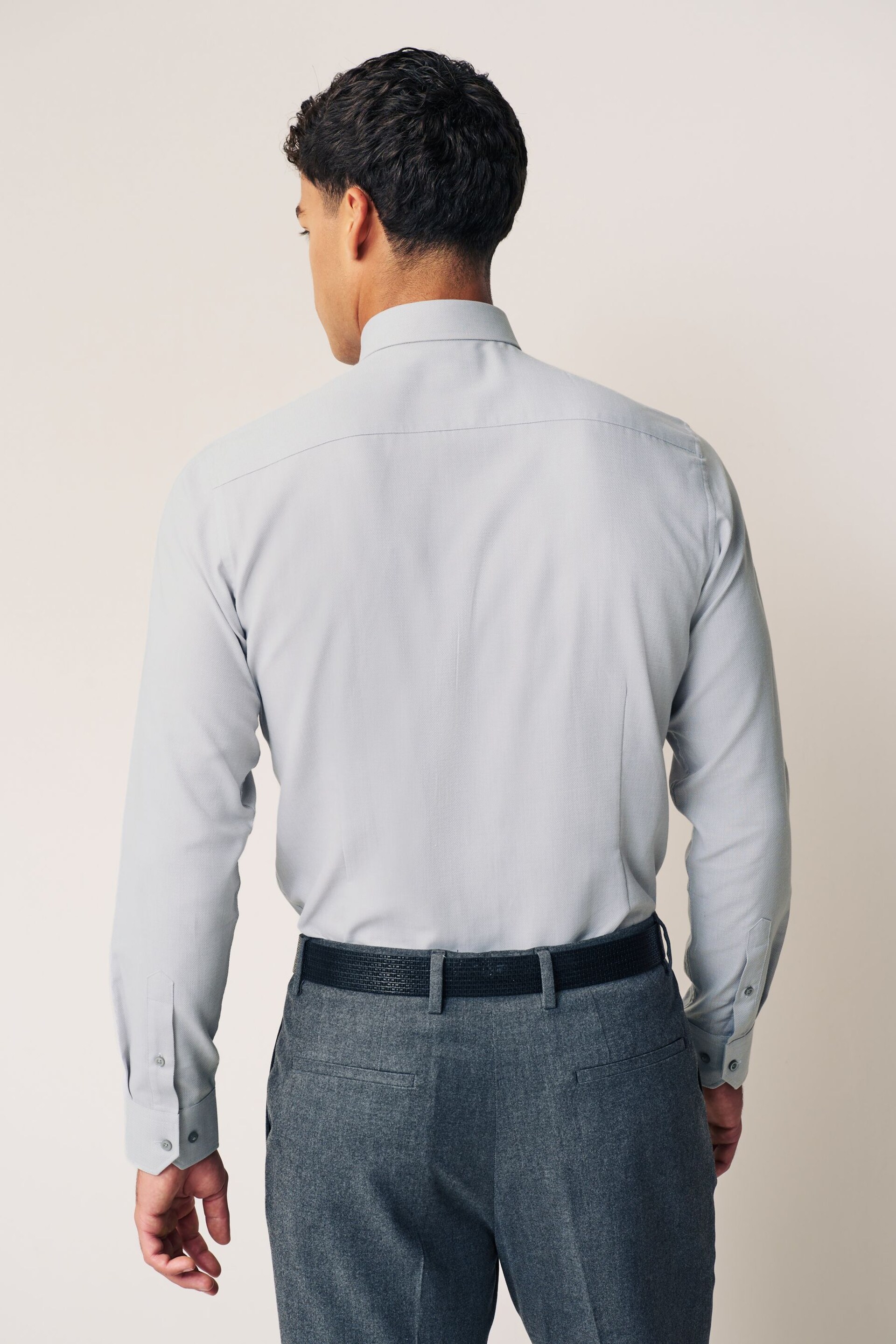 Light Grey Slim Fit Single Cuff Easy Care Textured Shirt - Image 2 of 7