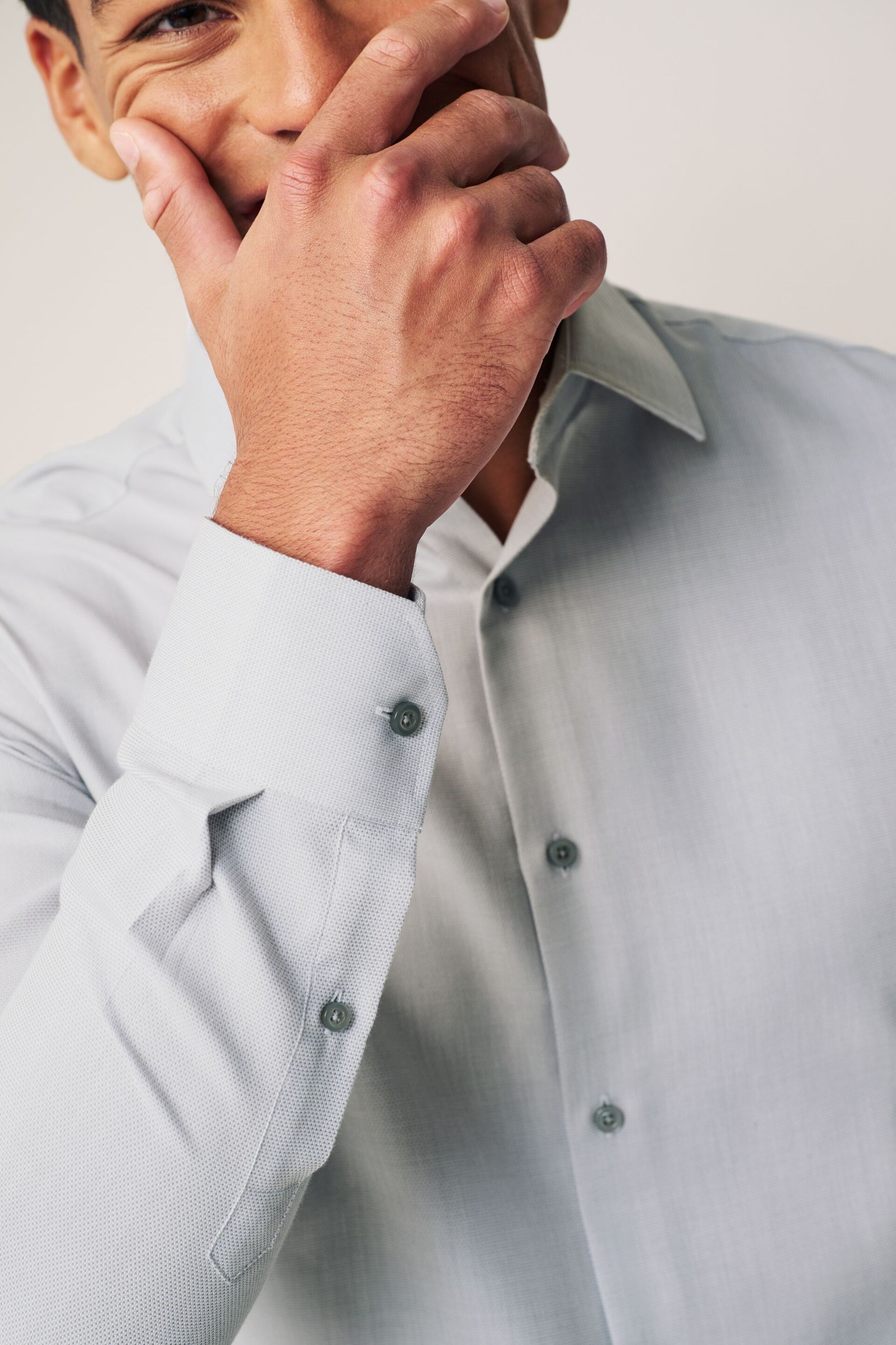 Light Grey Slim Fit Single Cuff Easy Care Textured Shirt - Image 4 of 7