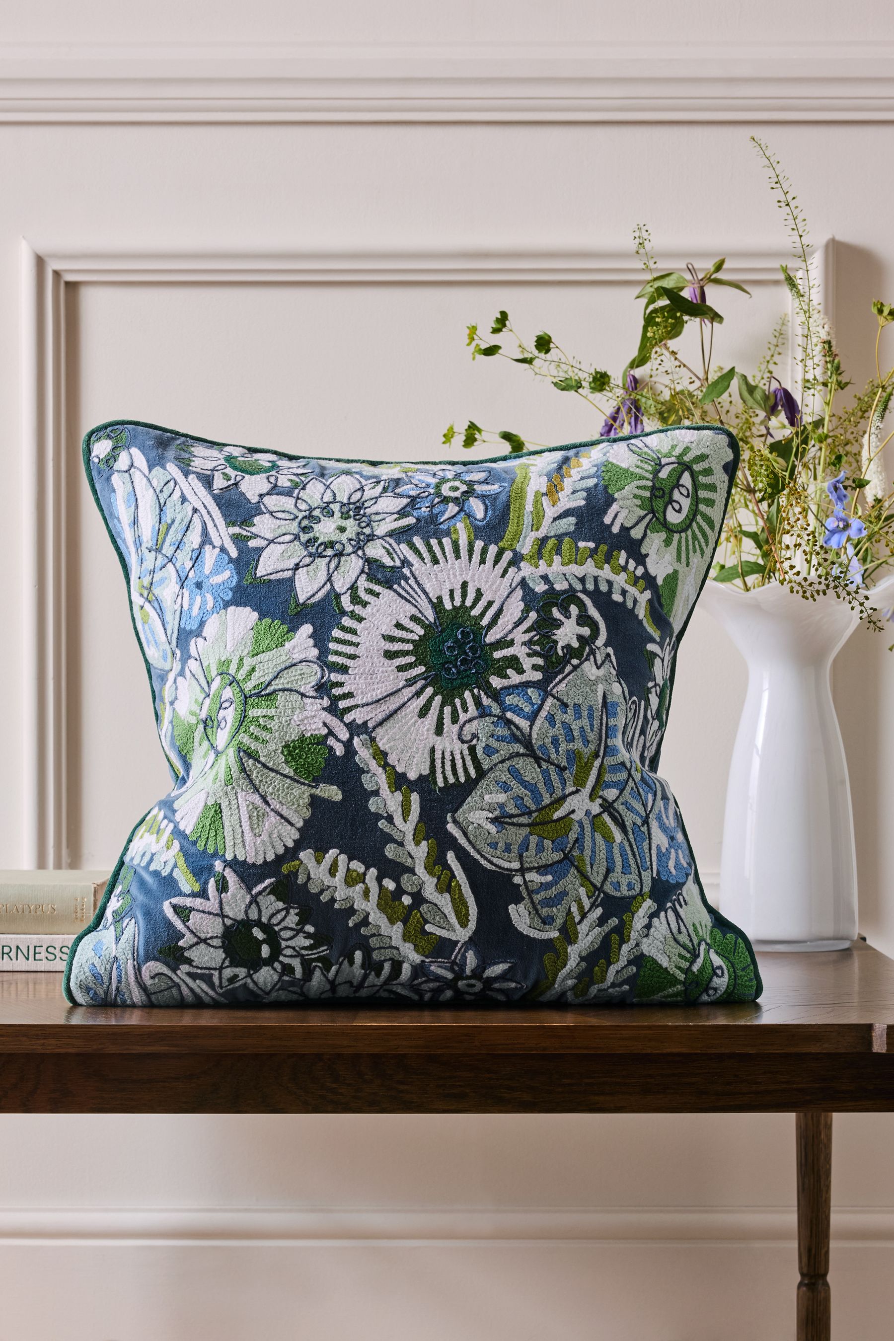 Nina Campbell Blue Jardin Floral Velvet Embroidered Feather Filled Cushion