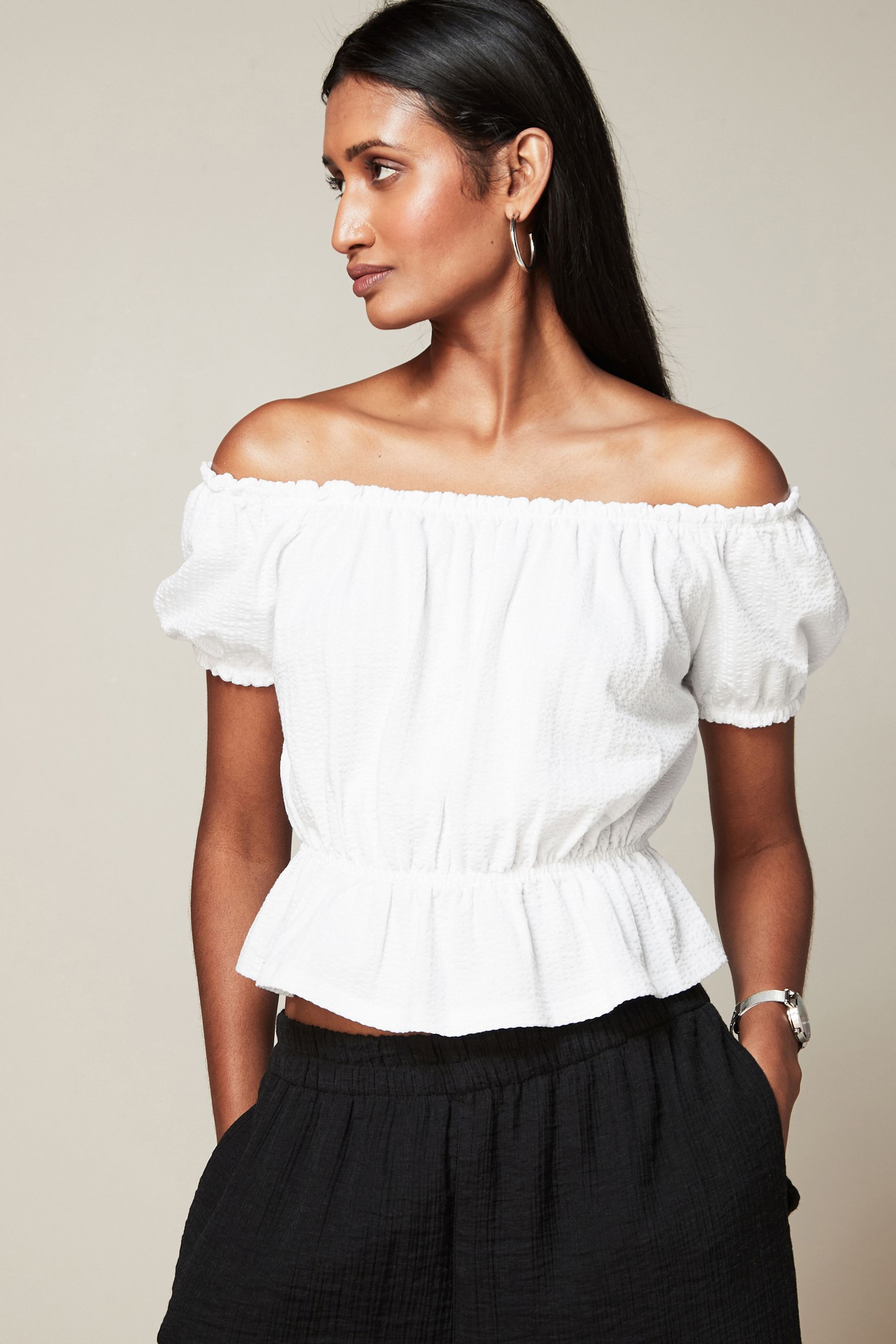 Buy White 100 Cotton Bardot Puff Sleeve Blouse from the Next UK online shop