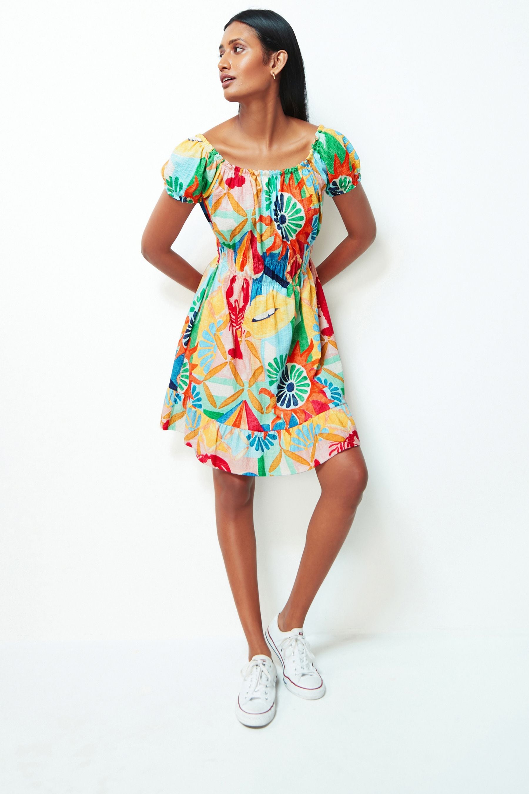 Buy Lobster Print Bardot Puff Sleeve Jersey Summer Dress from Next Luxembourg