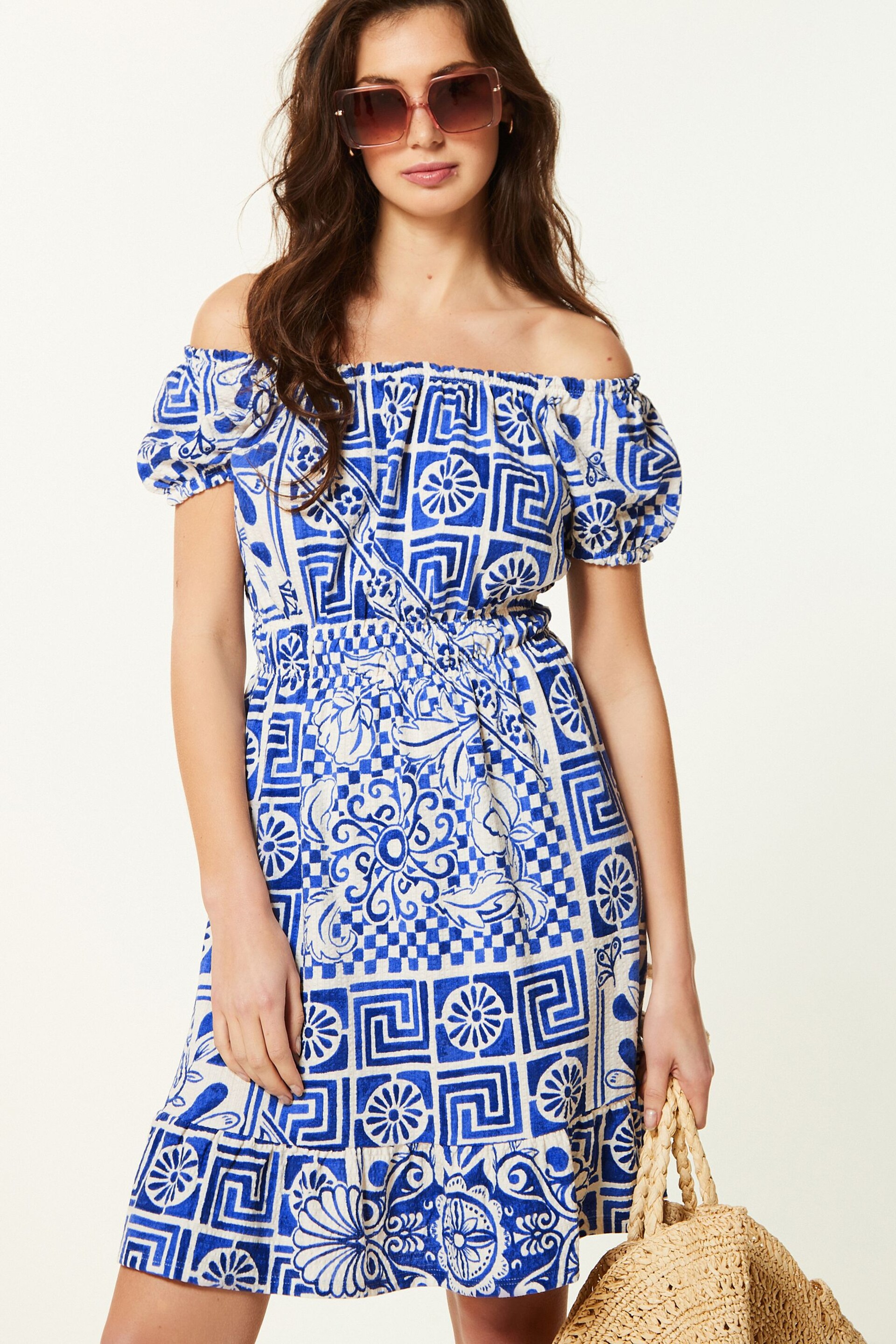 Blue Tile Print Bardot Puff Sleeve Jersey Summer Dress - Image 1 of 6