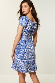 Blue Tile Print Bardot Puff Sleeve Jersey Summer Dress - Image 3 of 6