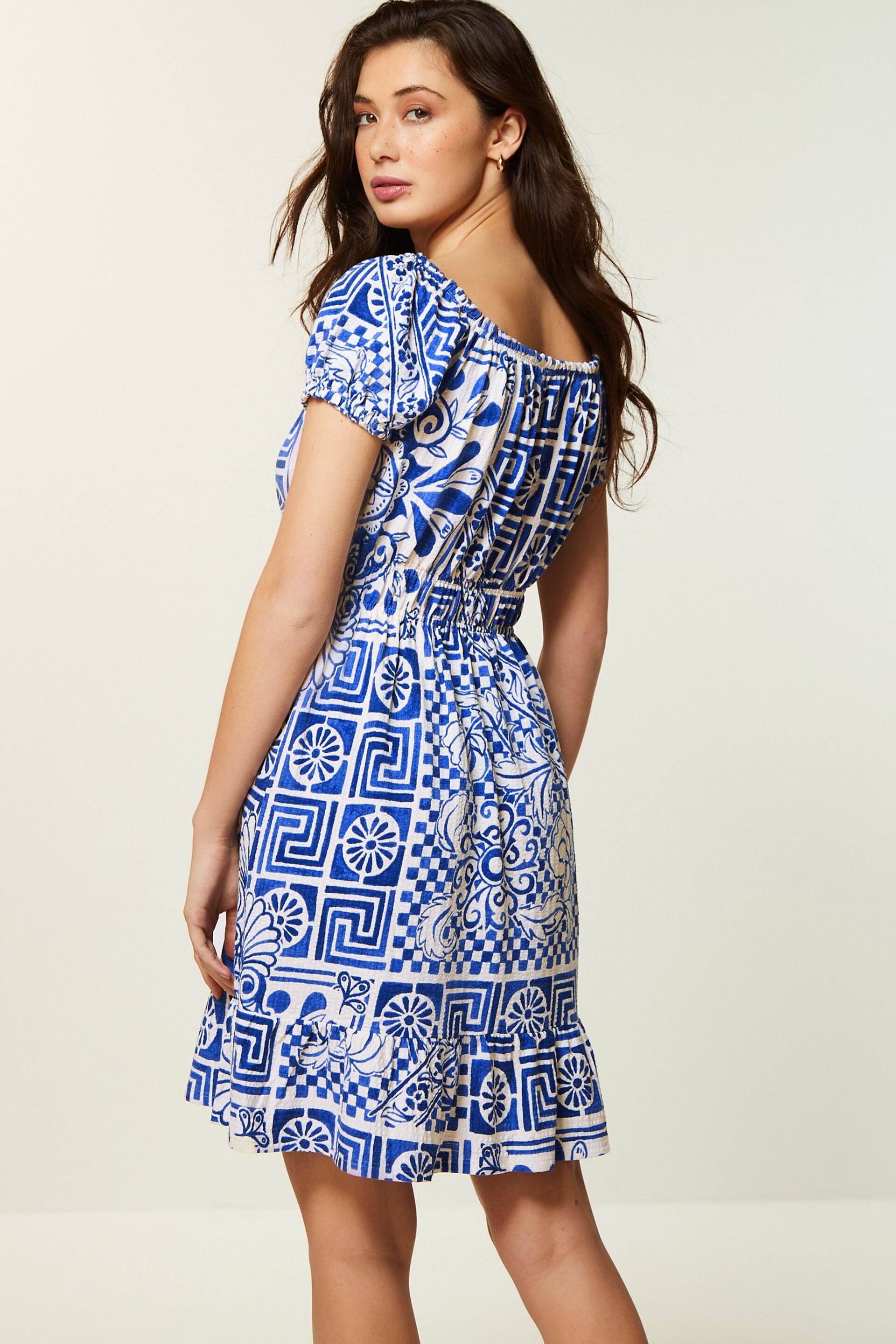 Blue Tile Print Bardot Puff Sleeve Jersey Summer Dress - Image 3 of 6