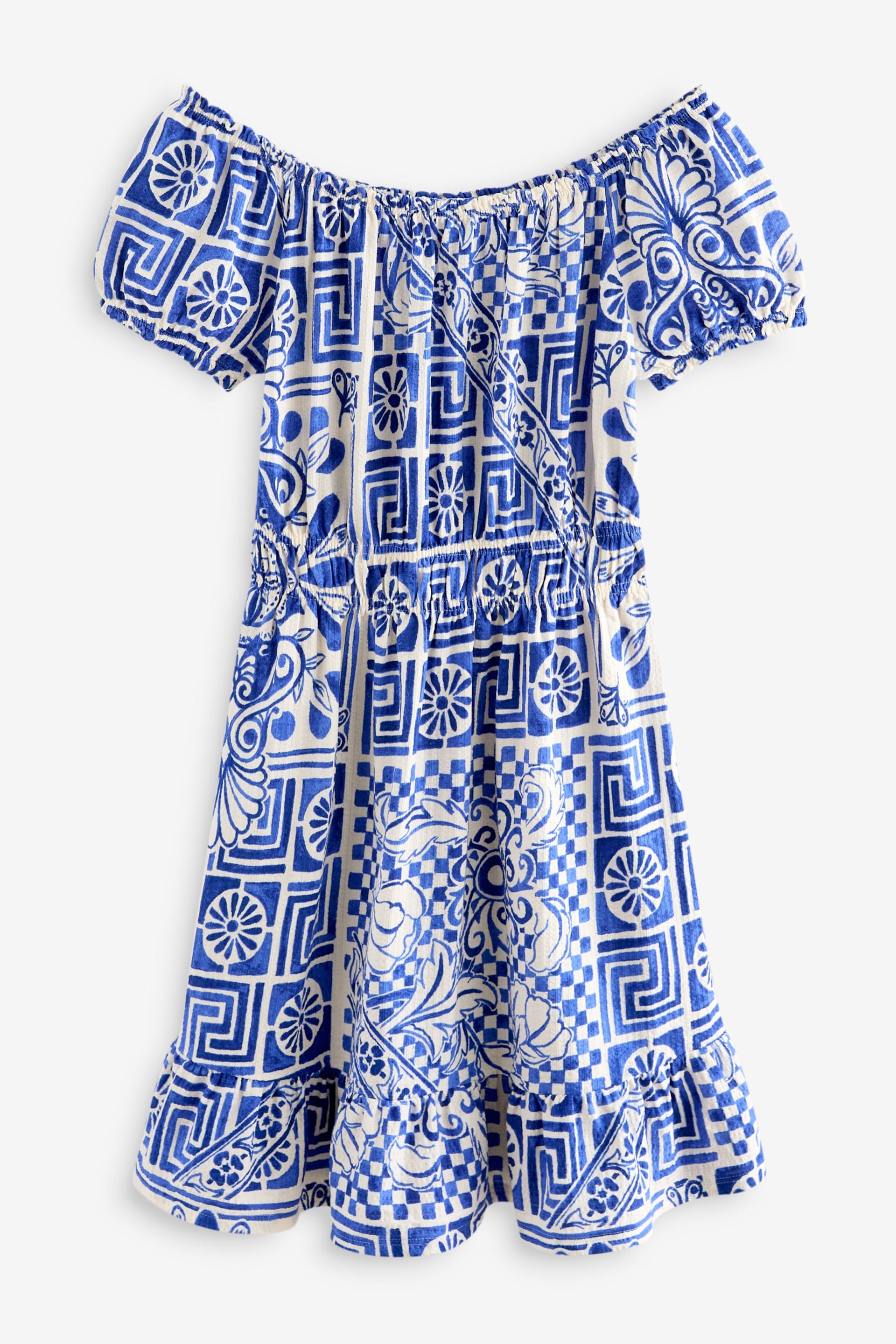 Blue Tile Print Bardot Puff Sleeve Jersey Summer Dress - Image 5 of 6