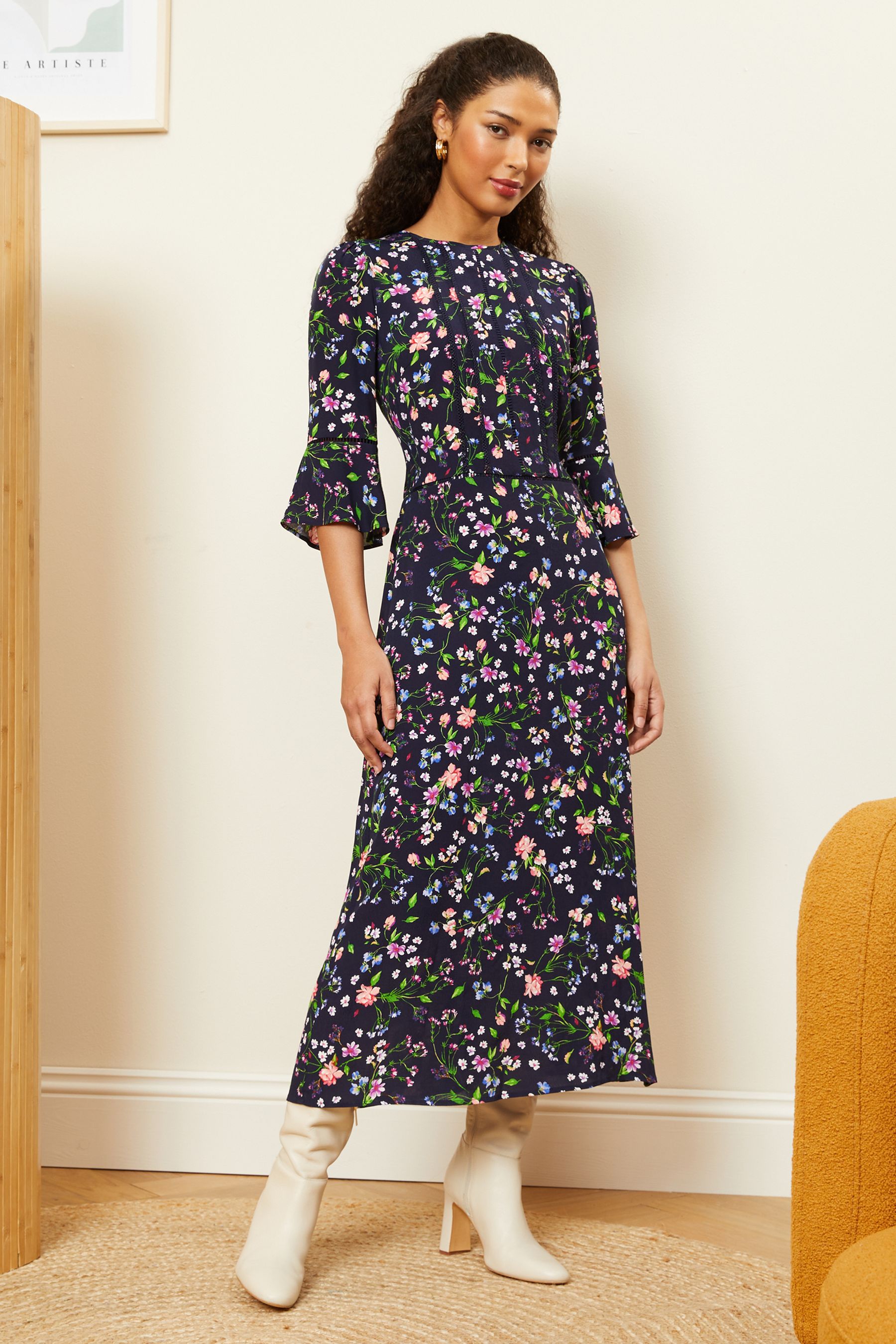 Buy Love Roses Navy Floral Printed Flute Sleeves High Neck Lace Trim Midi Dress from Next Luxembourg