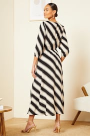 Love & Roses Ivory White and Black Stripe V Neck Twist Front Long Sleeve Midi Dress - Image 3 of 4