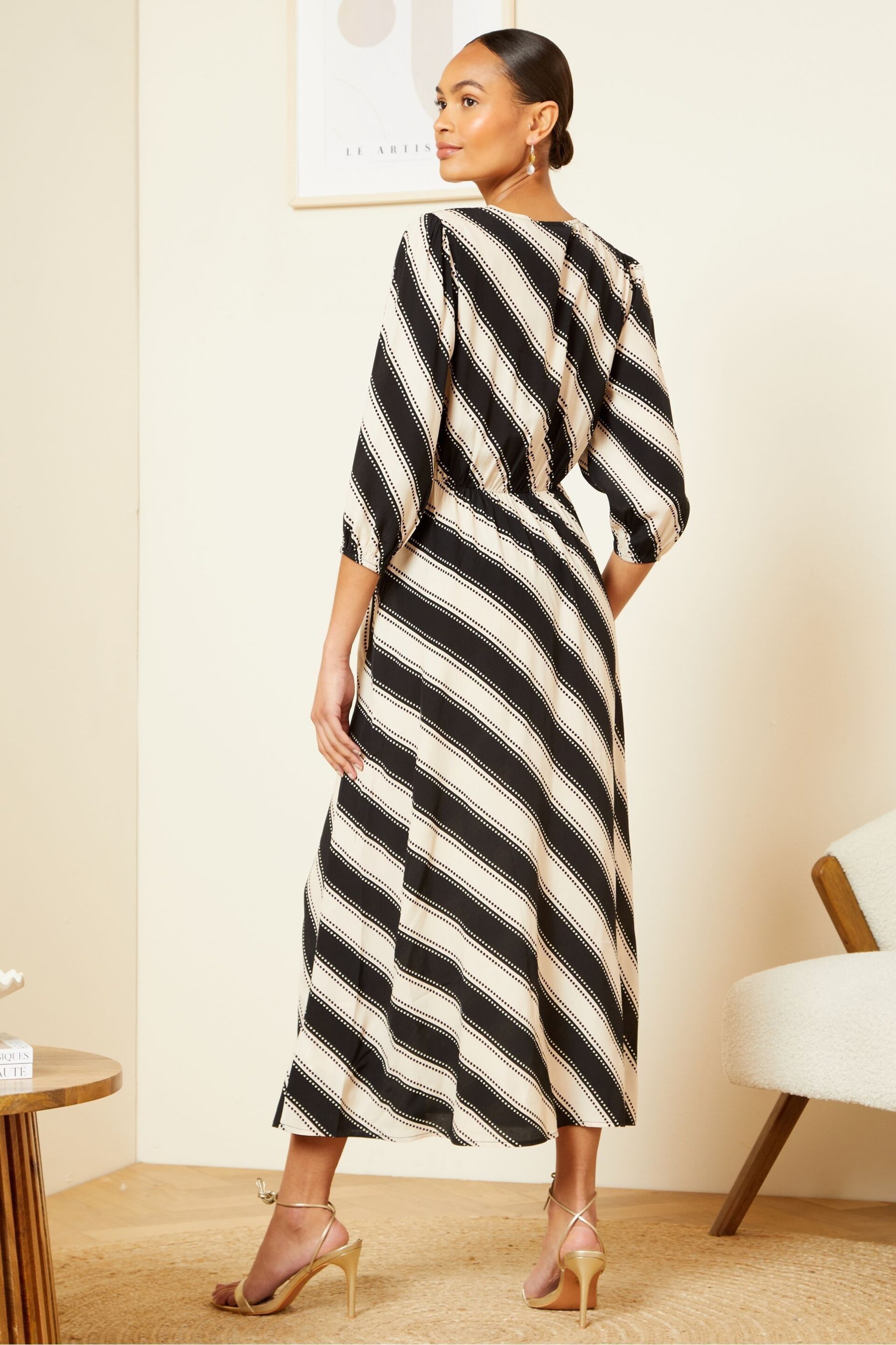 Love & Roses Ivory White and Black Stripe V Neck Twist Front Long Sleeve Midi Dress - Image 3 of 4