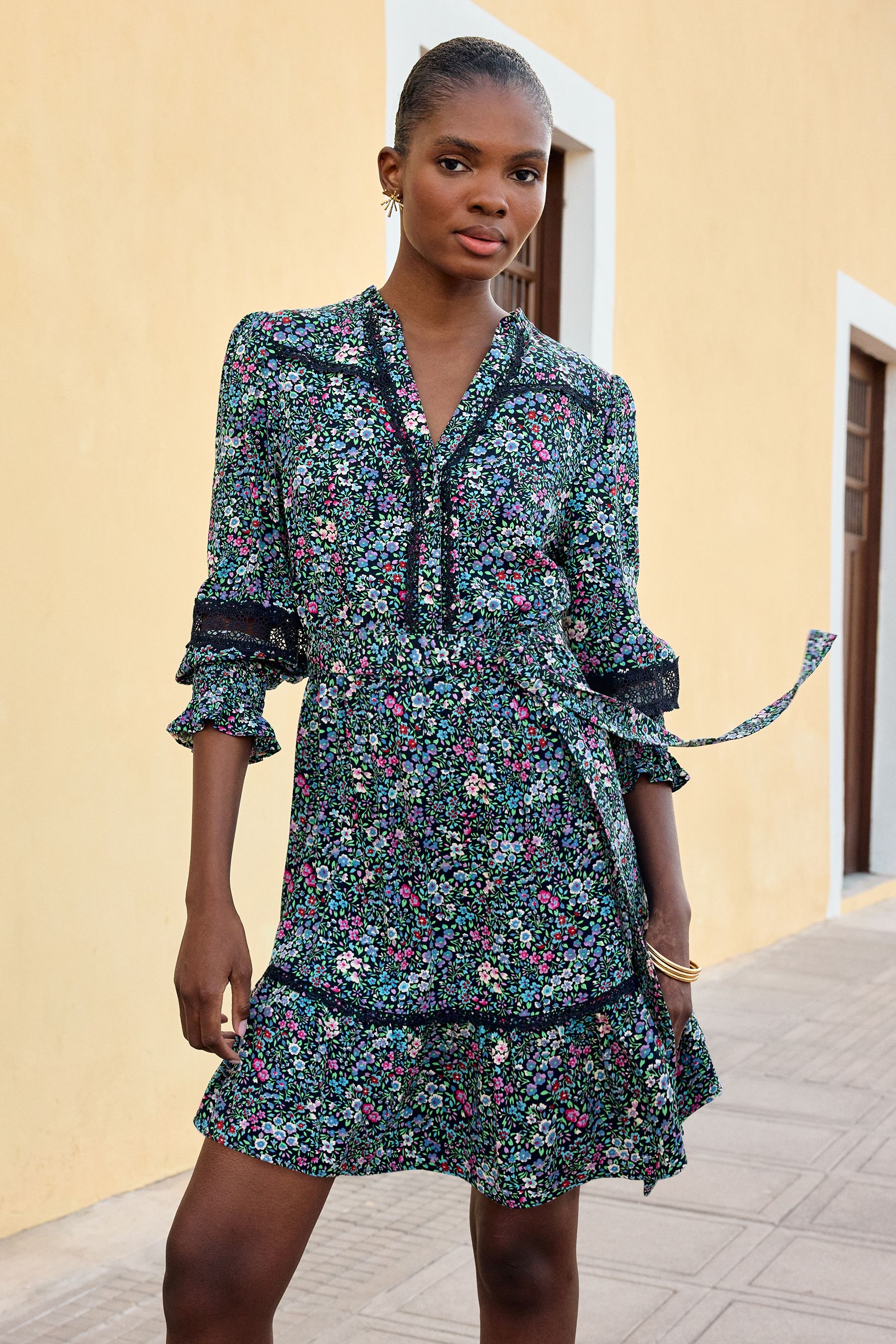Buy Love Roses Navy Blue Ditsy V Neck Printed Lace Trim Mini Dress from Next Luxembourg