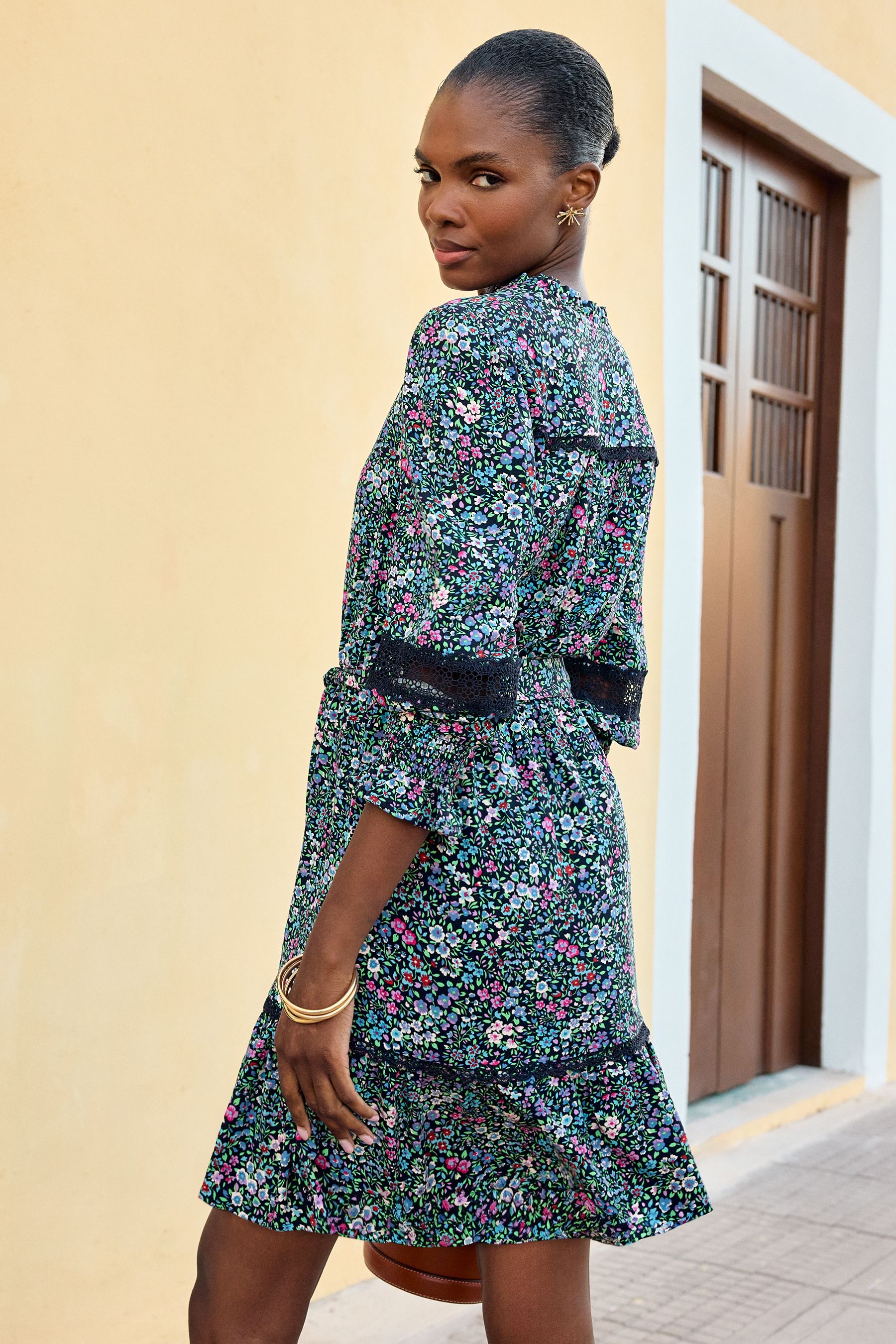 Buy Love Roses Navy Blue Ditsy V Neck Printed Lace Trim Mini Dress from Next Luxembourg