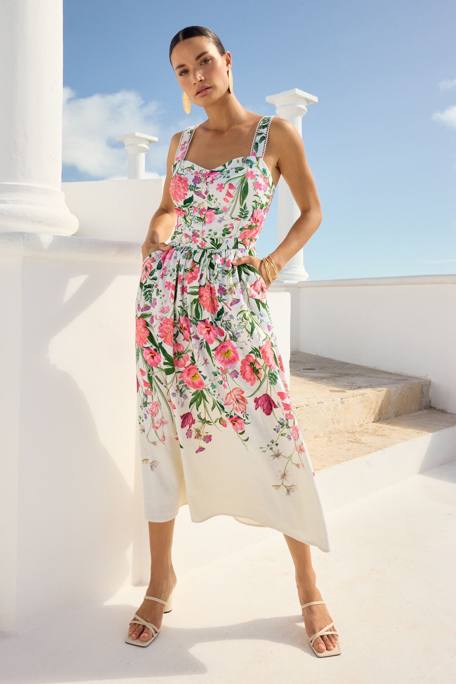 Buy V A Love Roses Ivory White Floral Linen Blend Printed Cami Midi Dress from Next Luxembourg