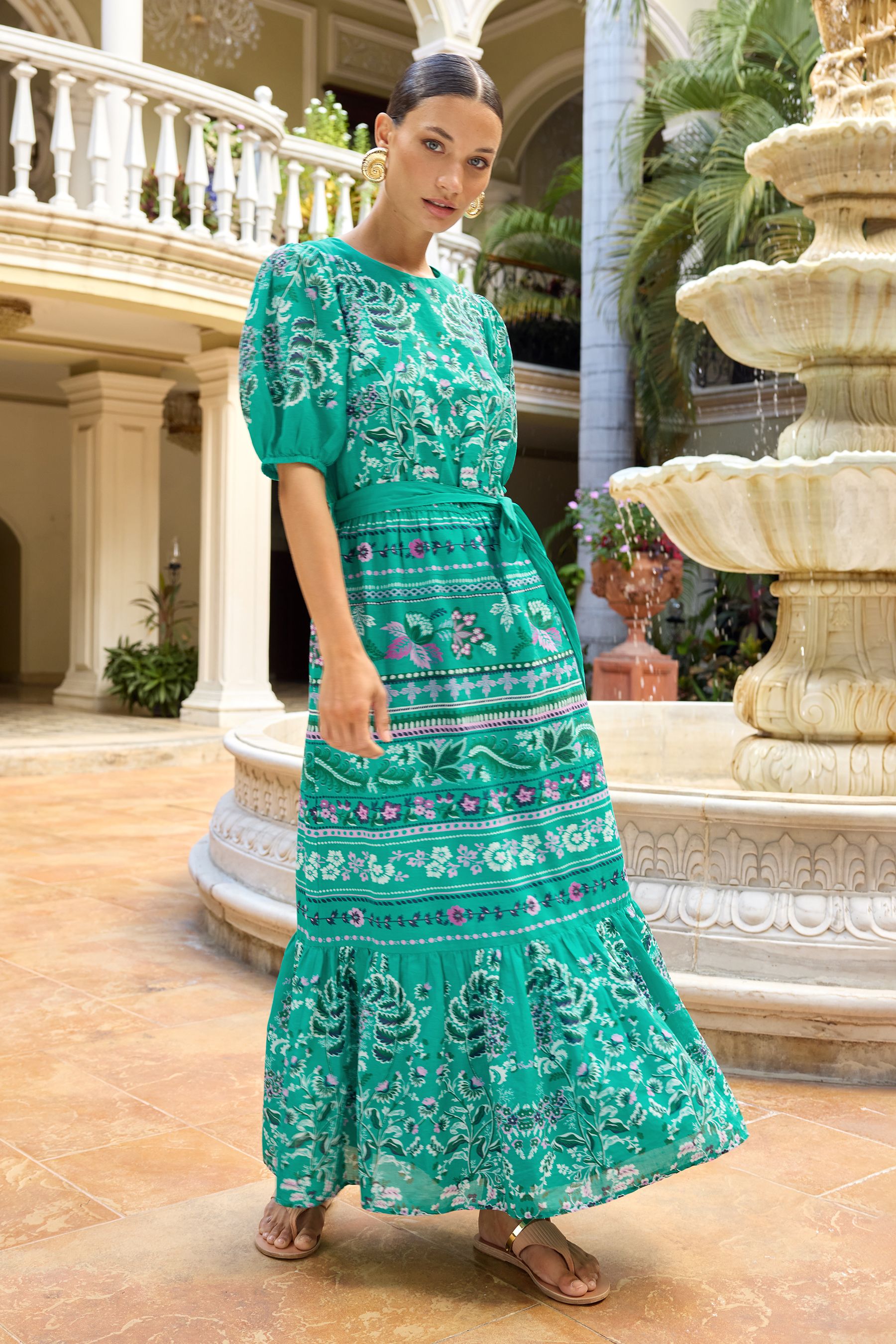 Buy V A Love Roses Green Paisley Printed Crew Neck Puff Sleeve Belted Midi Dress from Next Luxembourg
