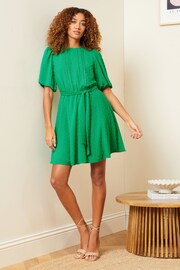 Love & Roses Green Dobby Puff Sleeve Belted Mini Dress - Image 2 of 4