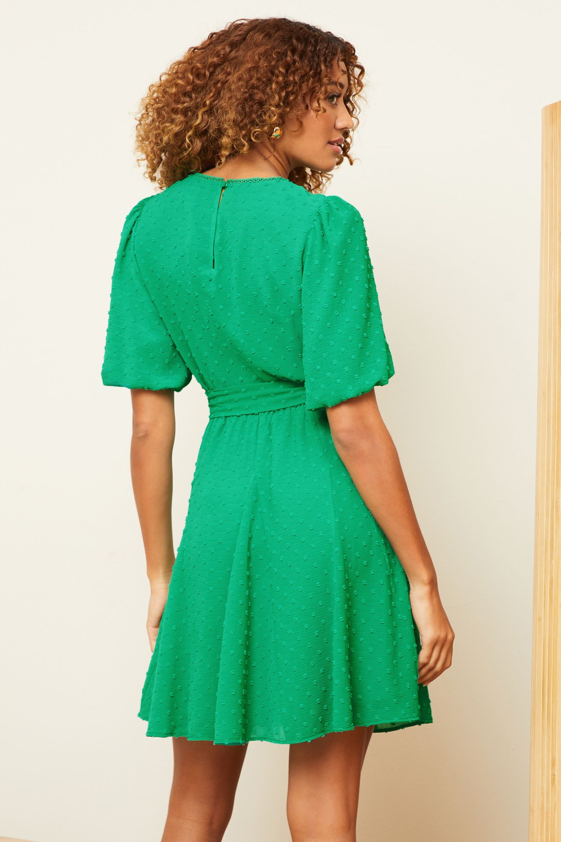 Love & Roses Green Dobby Puff Sleeve Belted Mini Dress - Image 4 of 4