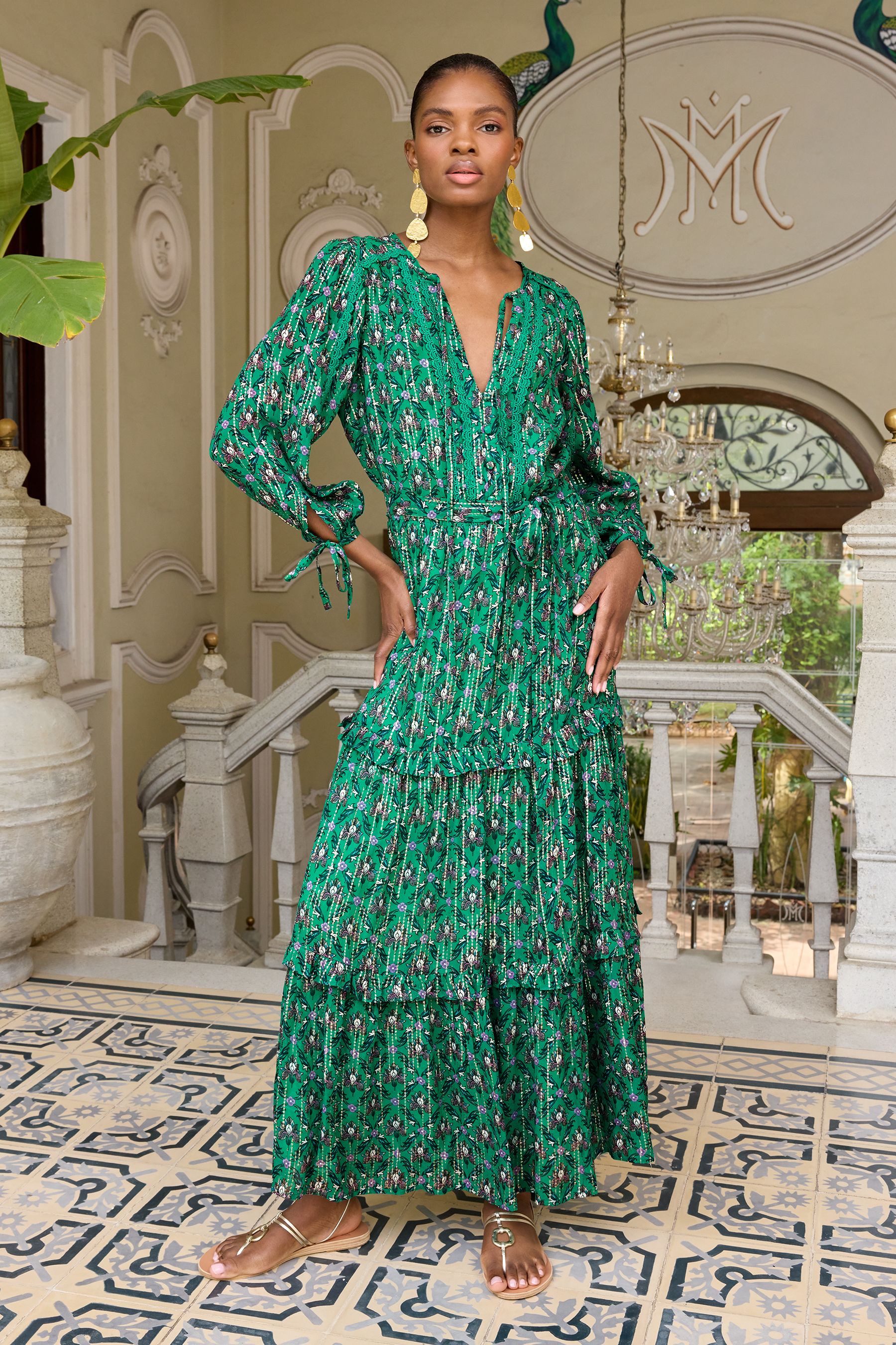 Green floral dress midi outlet