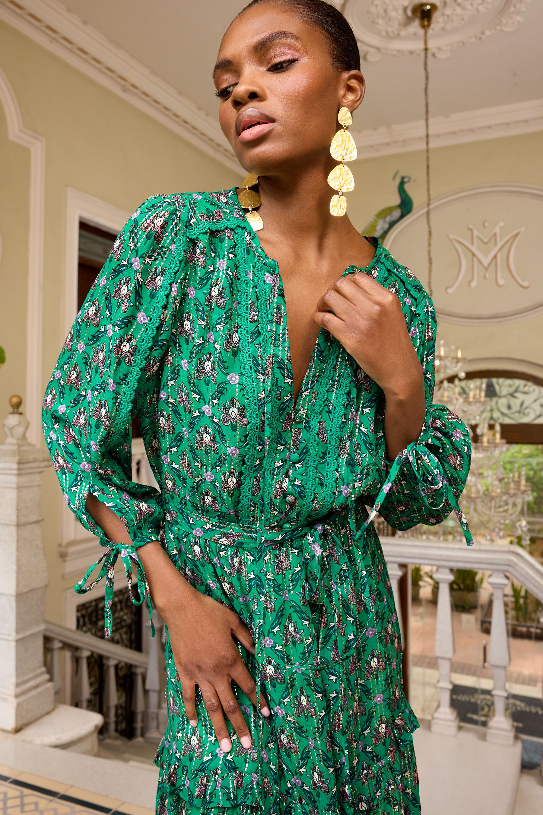 Buy V A Love Roses Green Floral Printed V Neck Metallic Tie Cuff Midi Dress from Next Canada