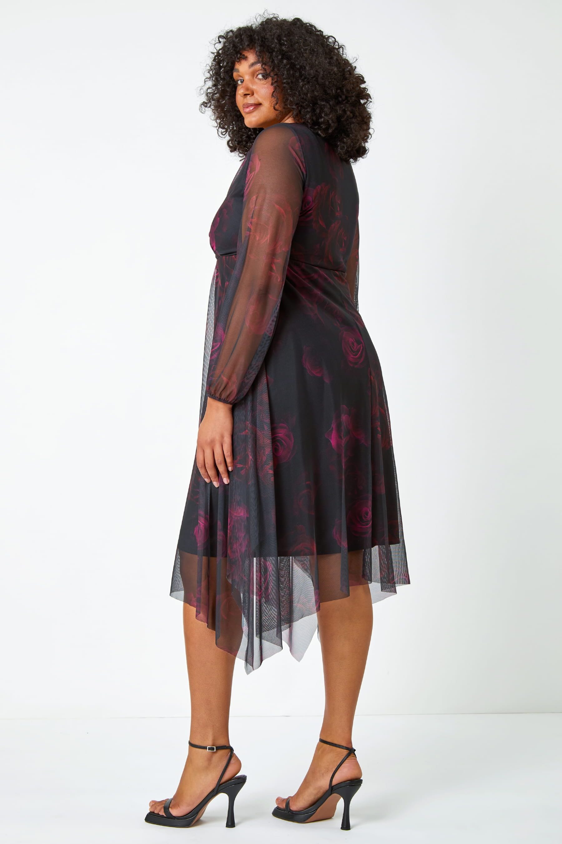 Buy Roman Black Curve Floral Mesh Overlay Wrap Dress from the Next UK online shop
