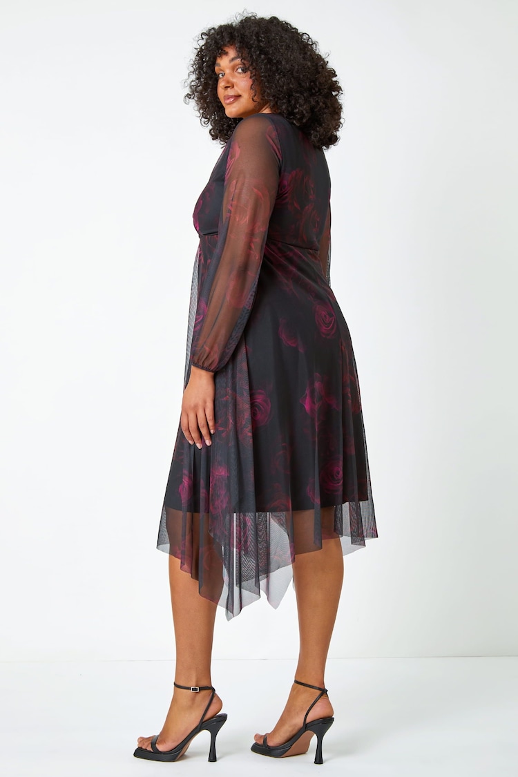 Roman Black Curve Floral Mesh Overlay Wrap Dress - Image 2 of 5