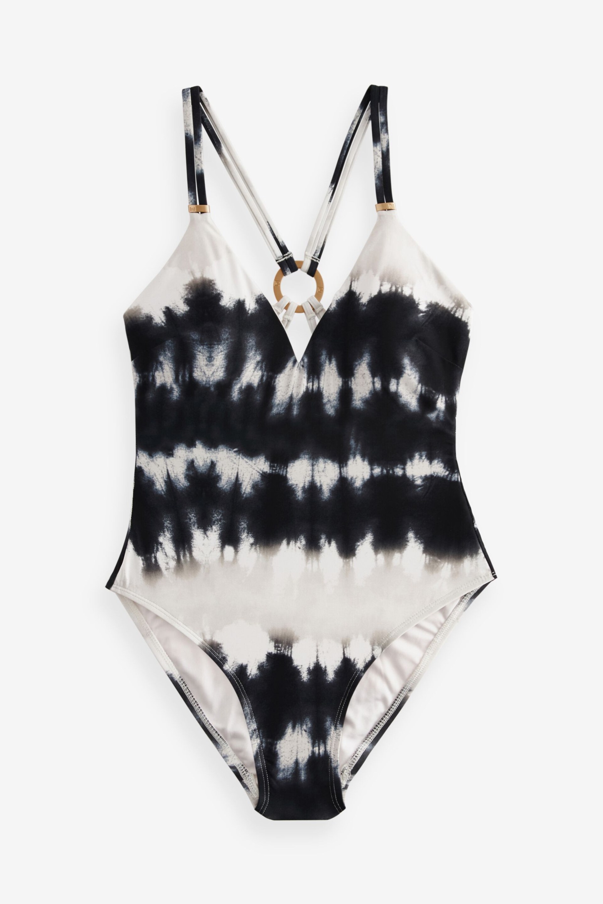 Monochrome Tie Dye Plunge Strappy Back Wired Tummy Shaping Control Swimsuit - Image 6 of 6
