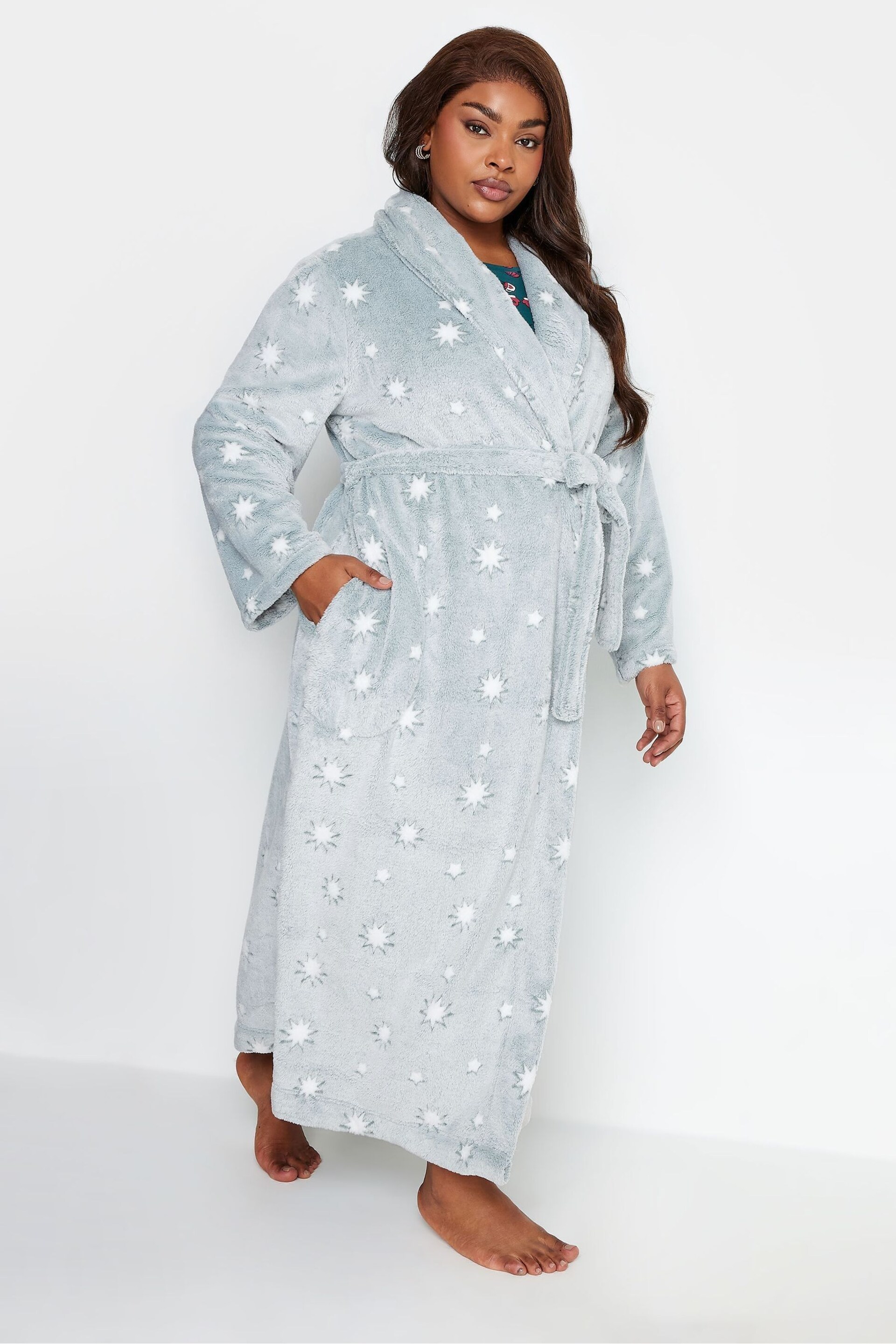 Yours Curve Grey/Green Maxi Sparkly Star Shawl Collar Robe - Image 3 of 5