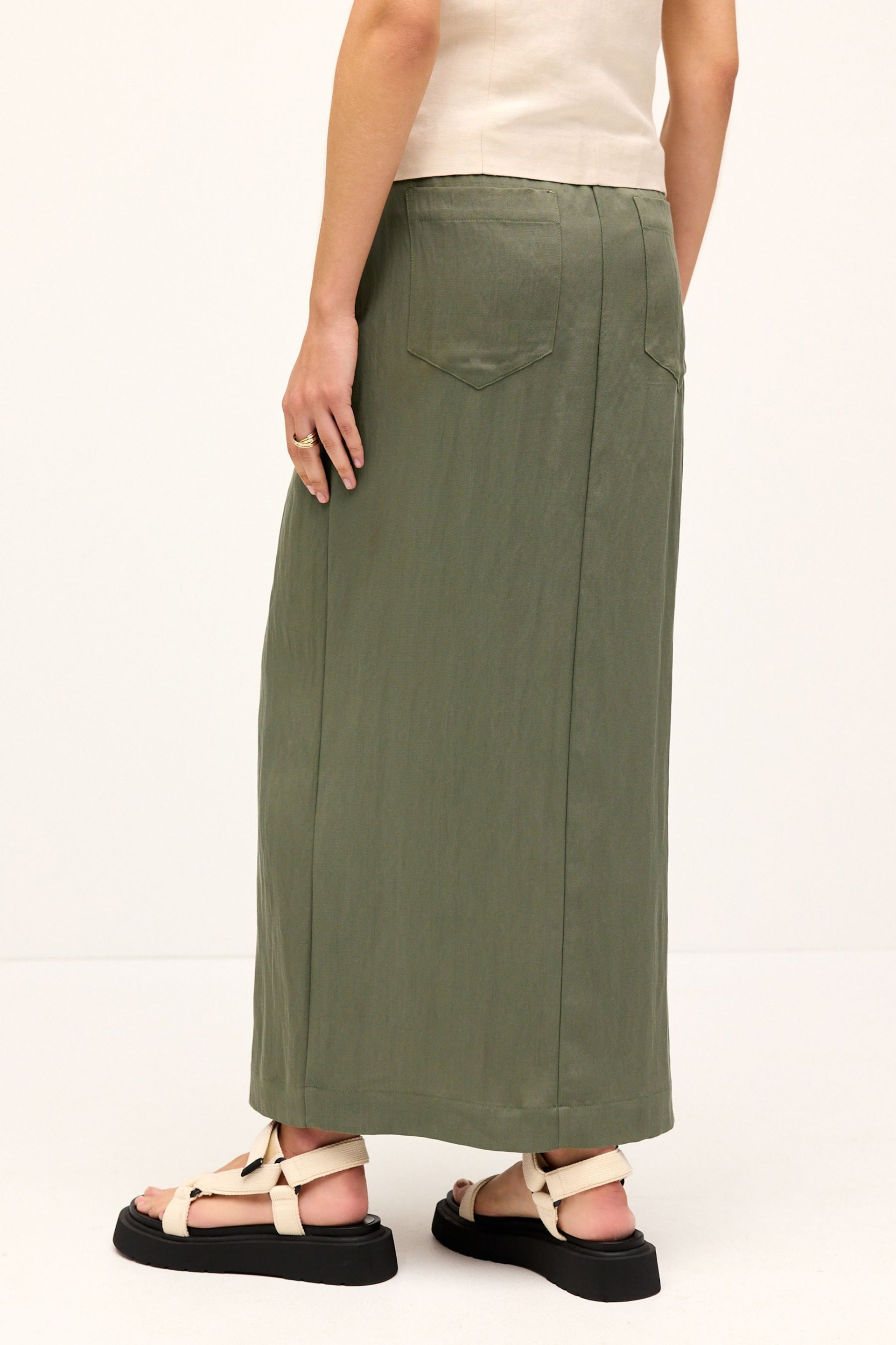 Khaki Green Utility Midi Skirt With Centre Slit - Image 4 of 7