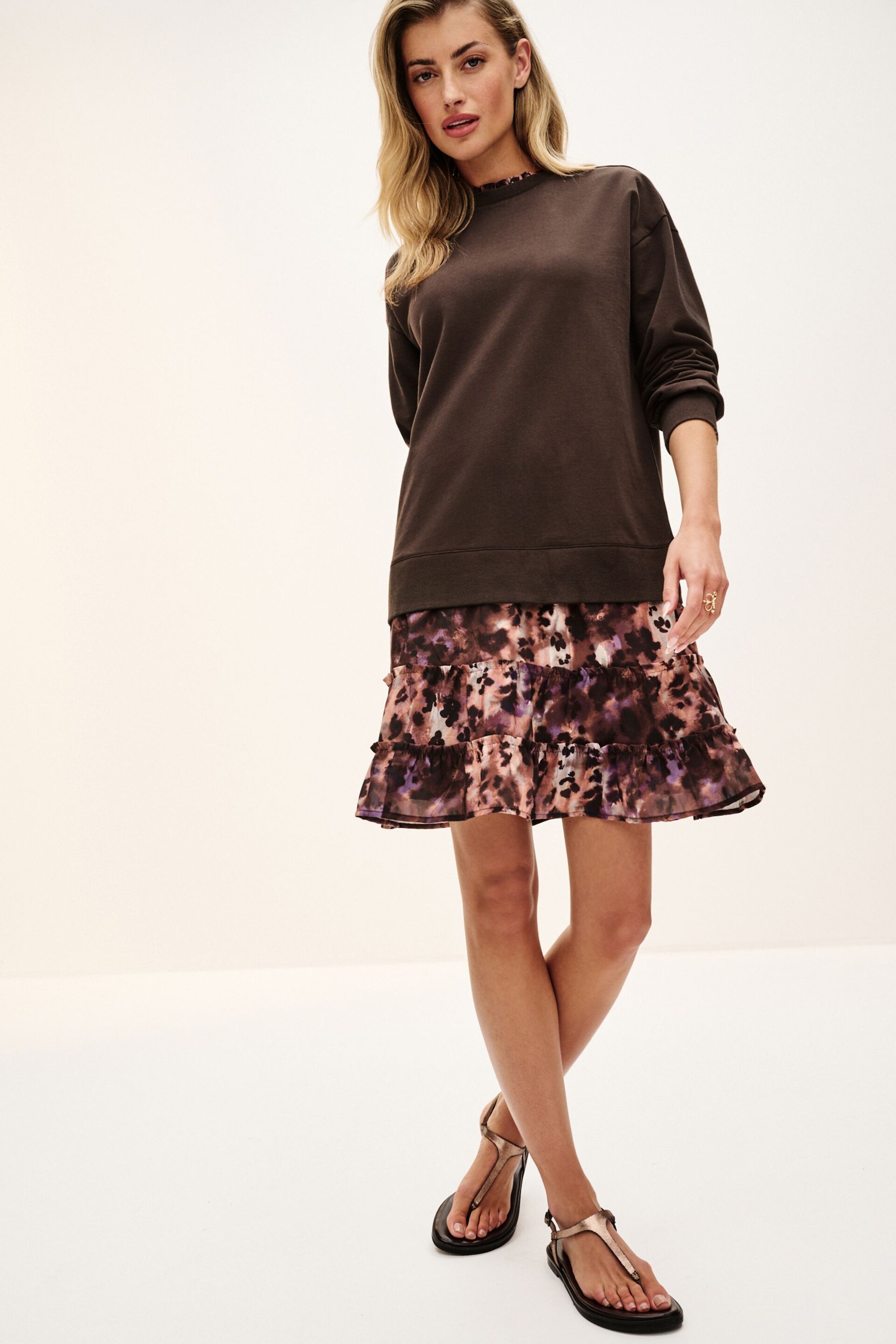 Chocolate Brown Animal Layered Sweatshirt Long Sleeve Animal Print Dress - Image 2 of 6