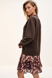 Chocolate Brown Animal Layered Sweatshirt Long Sleeve Animal Print Dress - Image 3 of 6