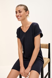 Navy 100% Cotton Relaxed V-Neck Capped Sleeve Tunic Dress - Image 1 of 5