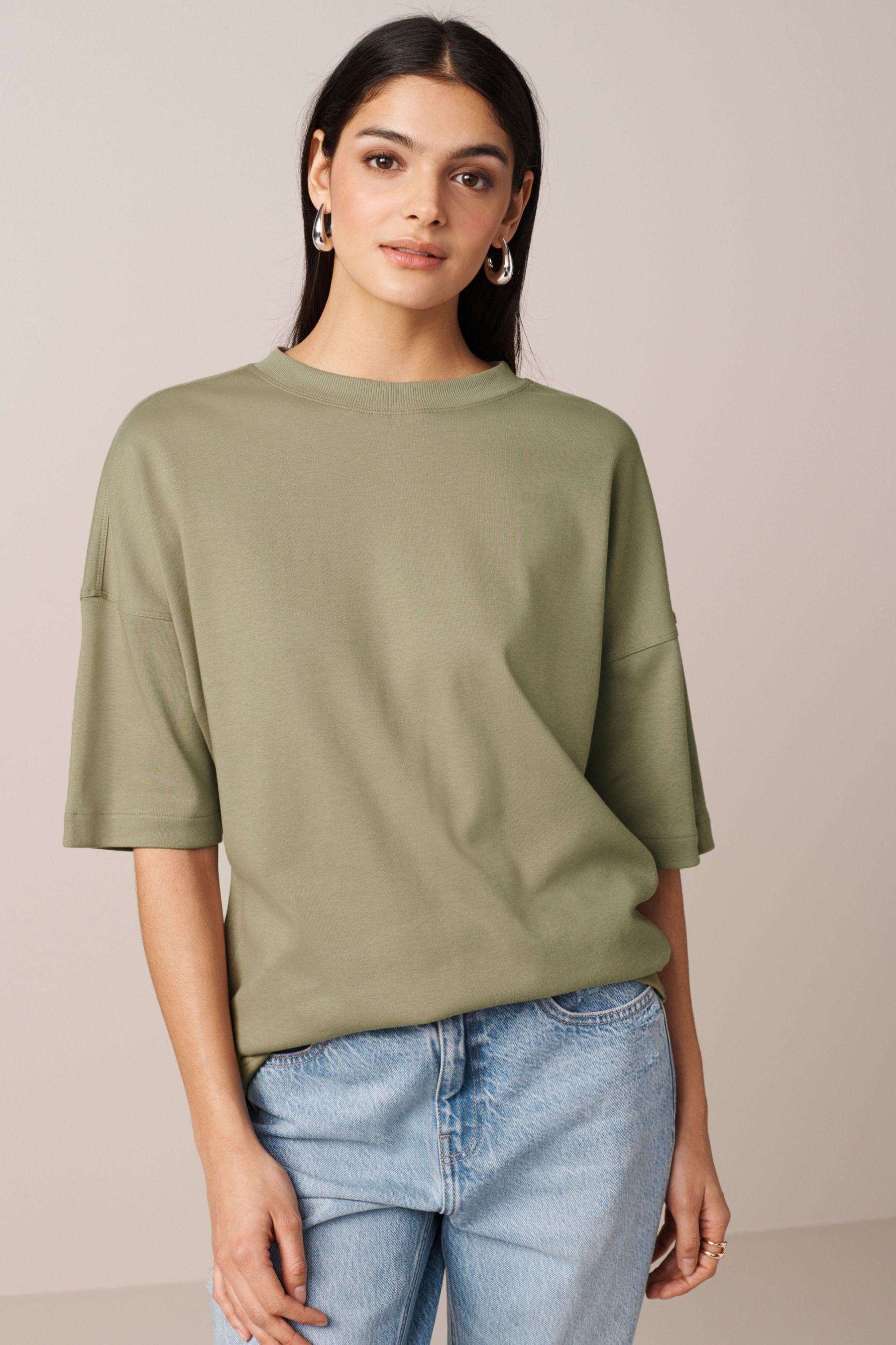 Khaki Green Relaxed Fit Heavyweight Longline Crew Neck 100 Cotton T Shirt