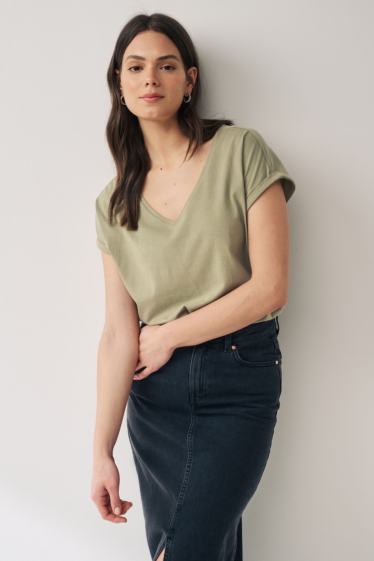 Buy Olive Green V-Neck 100% Cotton Rich Cap Sleeve T-Shirt from the ...