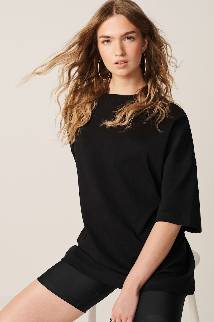 Black 100% Cotton Heavyweight Longline Relaxed Fit Crew Neck T-Shirt - Image 1 of 7