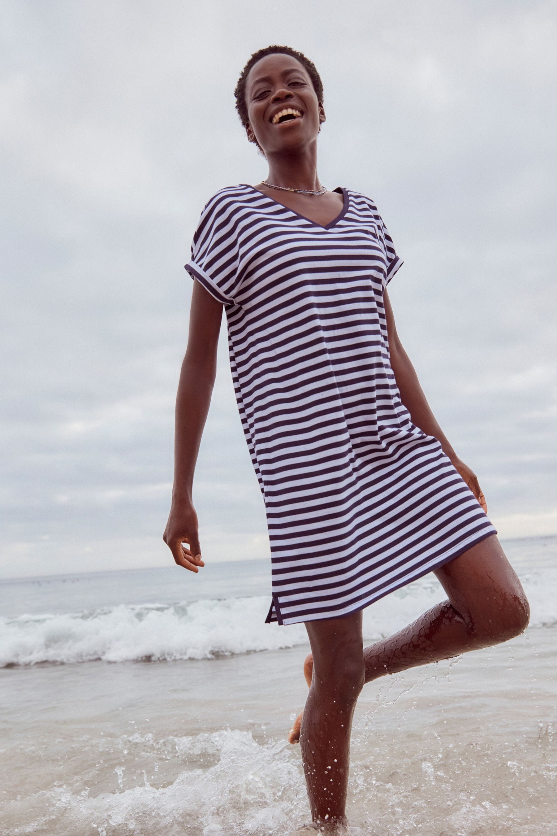 Buy Navy White 100 Cotton Relaxed V Neck Capped Sleeve Tunic Dress from Next Malta