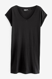 Black 100% Cotton Relaxed V-Neck Capped Sleeve Tunic Dress - Image 4 of 5