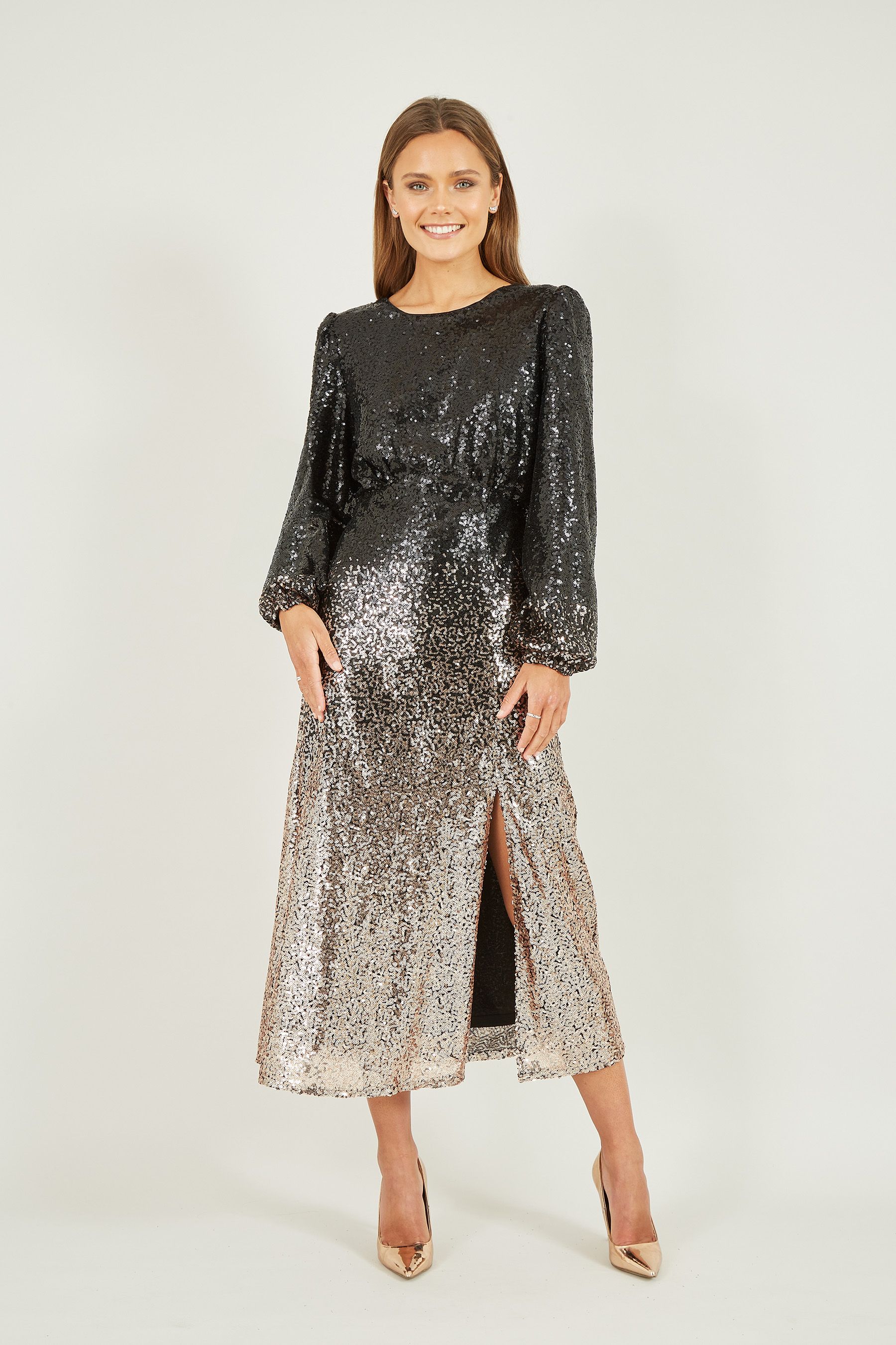 Buy Yumi Black Sequin Ombre Long Sleeve Midi Dress from Next Luxembourg