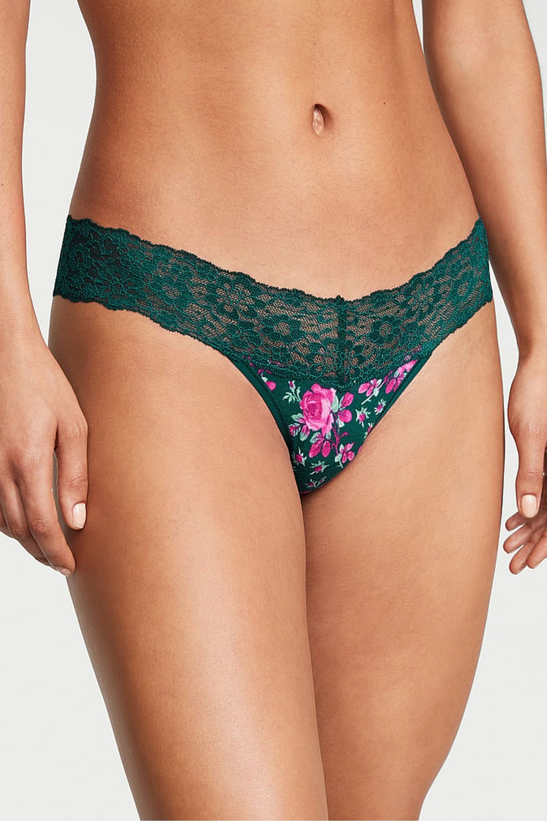Victoria's Secret Black Ivy Green Moody Roses Posey Lace Waist Thong Knickers - Image 1 of 3