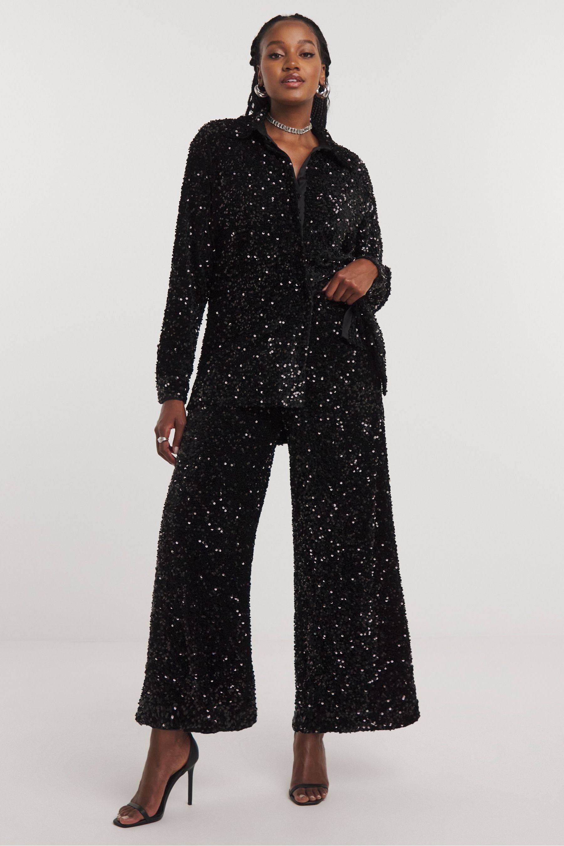 Buy Simply Be Black Sequin Wide Leg Trousers from Next Luxembourg