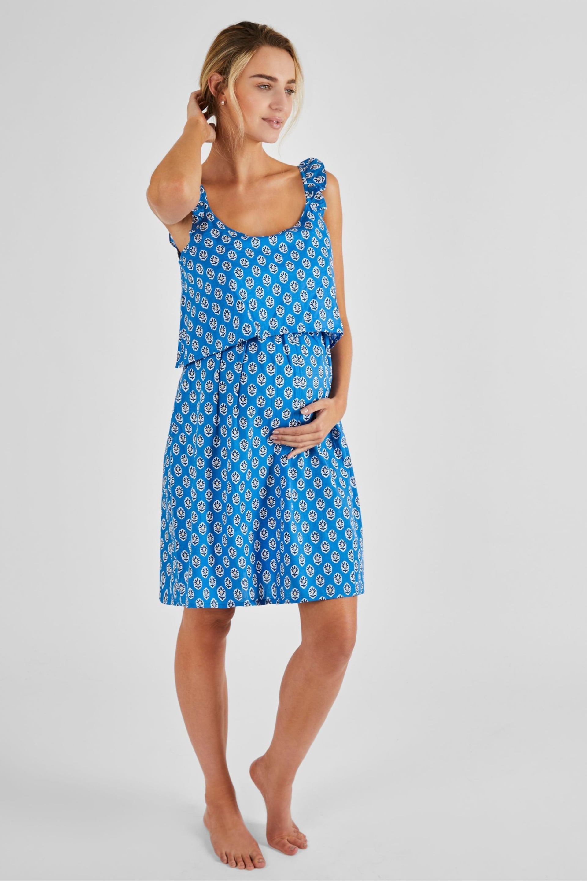 JoJo Maman Bébé Blue Batik Flutter Sleeve Maternity & Nursing Nightdress - Image 2 of 4