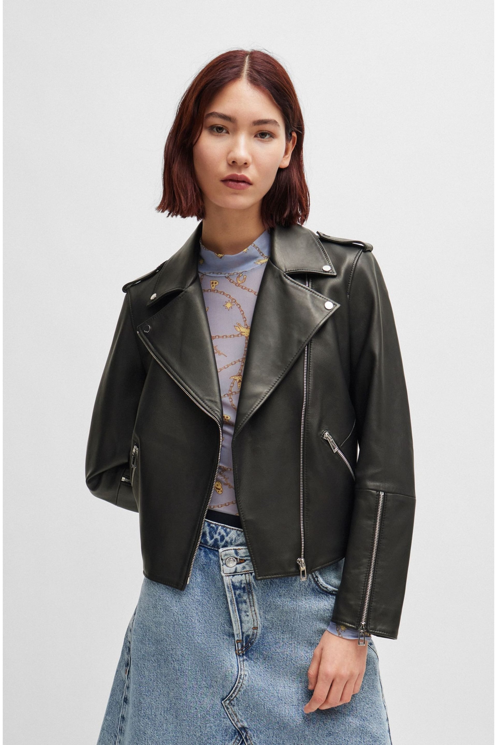 HUGO Asymmetrical Zip Leather Black Biker Jacket - Image 3 of 8