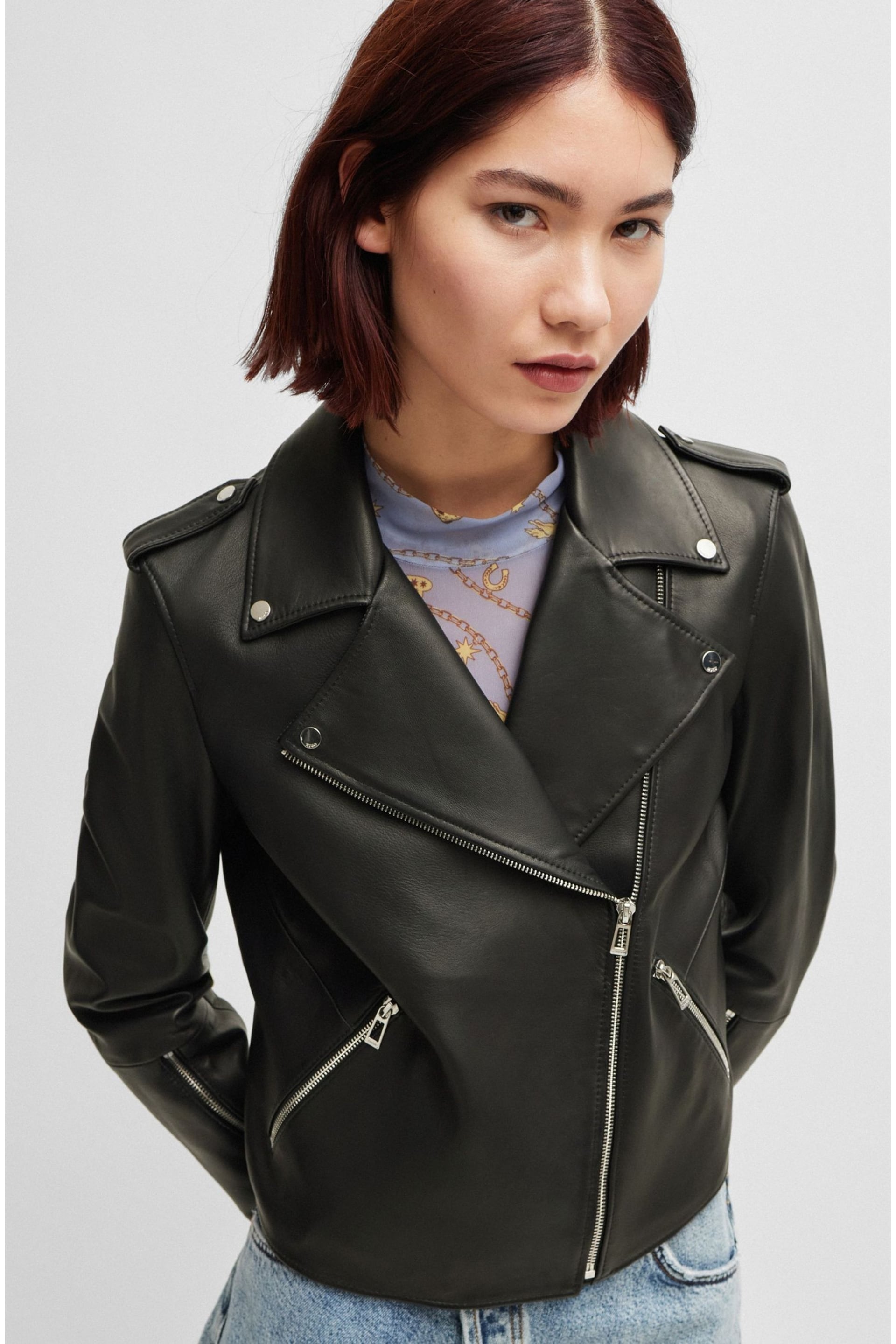 HUGO Asymmetrical Zip Leather Black Biker Jacket - Image 6 of 8