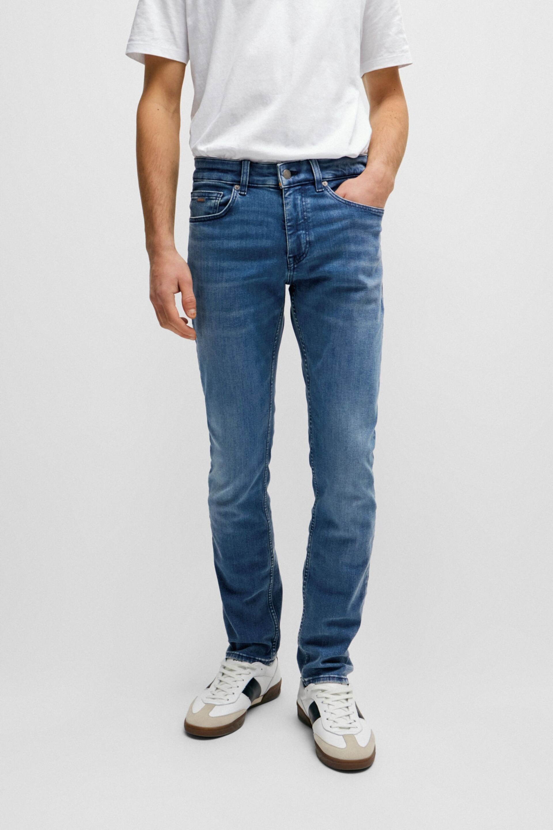 BOSS Mid Blue Tapered Fit Super Stretch Denim Jeans - Image 1 of 5